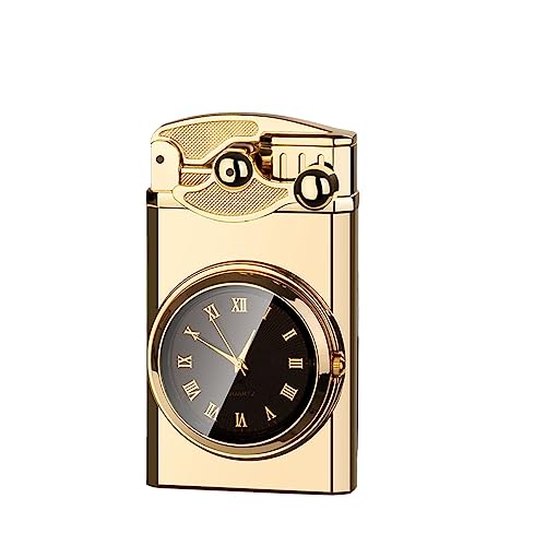 Windproof Jet Double Flame Lighter, Clock Lighter 2 in 1, Portable Pocket Lighter, Refillable Butane Adjustable Flame Lighter (Color : Gold2)