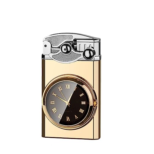 Windproof Jet Double Flame Lighter, Clock Lighter 2 in 1, Portable Pocket Lighter, Refillable Butane Adjustable Flame Lighter (Color : Gold2)