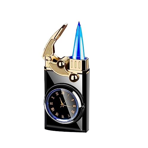 Windproof Jet Double Flame Lighter, Clock Lighter 2 in 1, Portable Pocket Lighter, Refillable Butane Adjustable Flame Lighter (Color : Gold2)