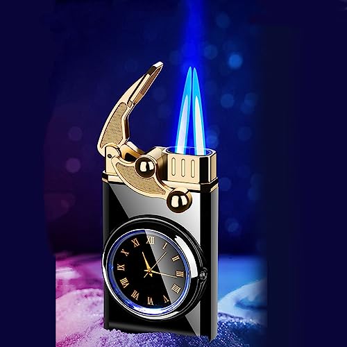 Windproof Jet Double Flame Lighter, Clock Lighter 2 in 1, Portable Pocket Lighter, Refillable Butane Adjustable Flame Lighter (Color : Gold2)