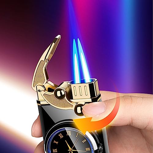 Windproof Jet Double Flame Lighter, Clock Lighter 2 in 1, Portable Pocket Lighter, Refillable Butane Adjustable Flame Lighter (Color : Gold2)