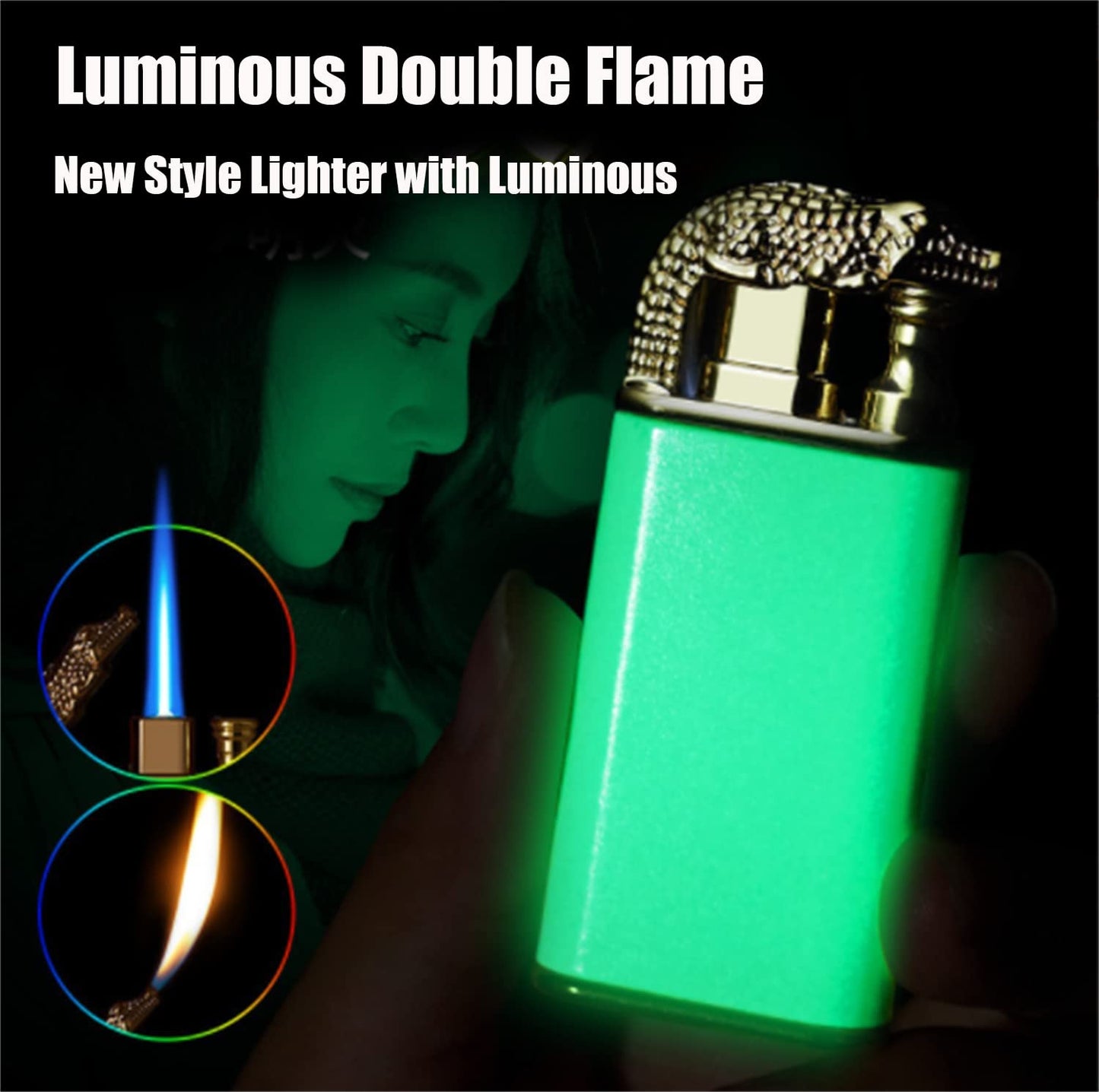 Depploo Magic Double Flame Lighter, Dual Arc Wind-Proof Direct Jet Blue Fire - Refillable Outdoor Luminous Windproof Lighter for Dad Boyfriend Birthday Unique Gift- (Black)