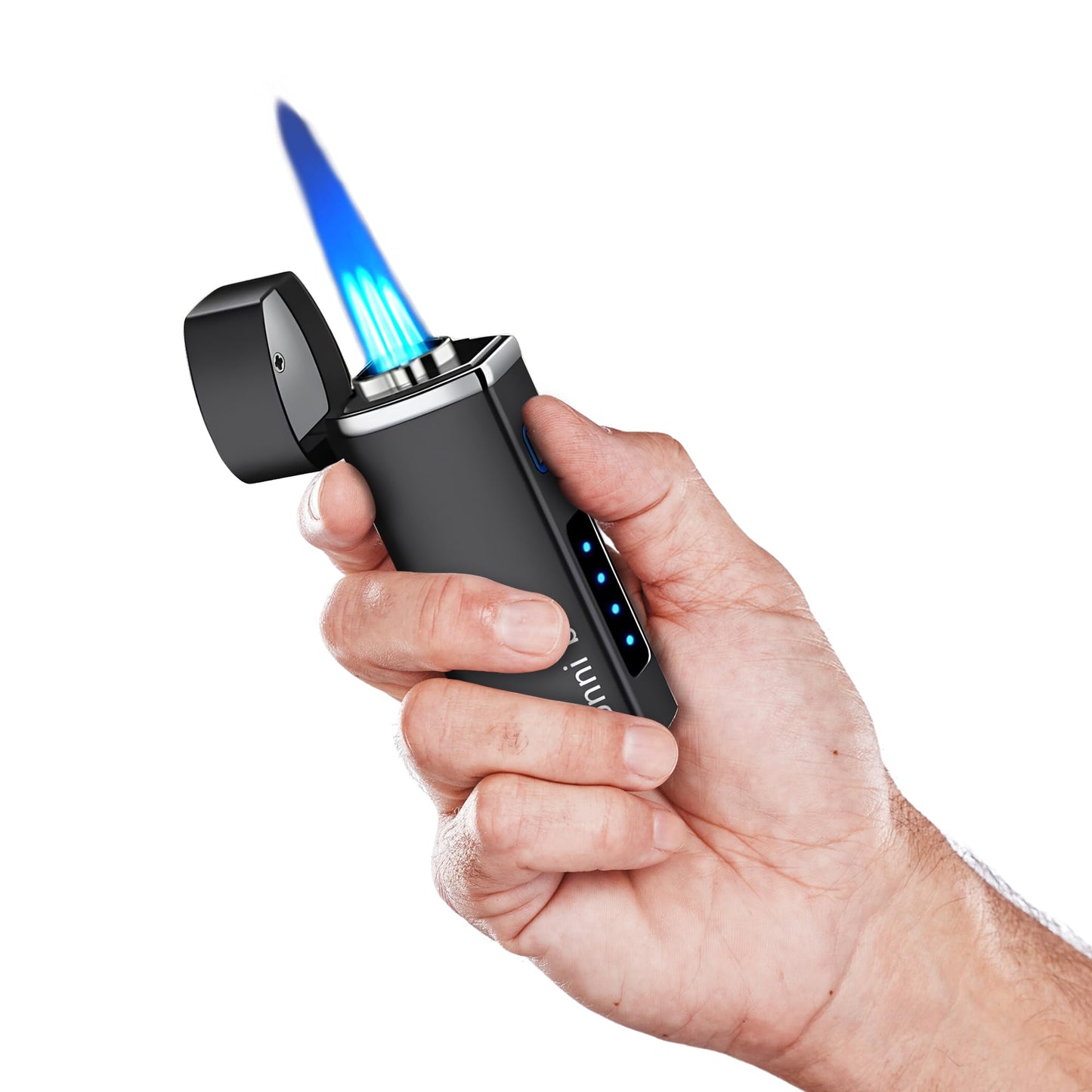 Jonni B One Touch Blue Satin 3-Flame Butane Torch Lighter - Electric Firing, Backlit Butane Window, Punch, Refillable, Adjustable, U.S. Seller with Great Service