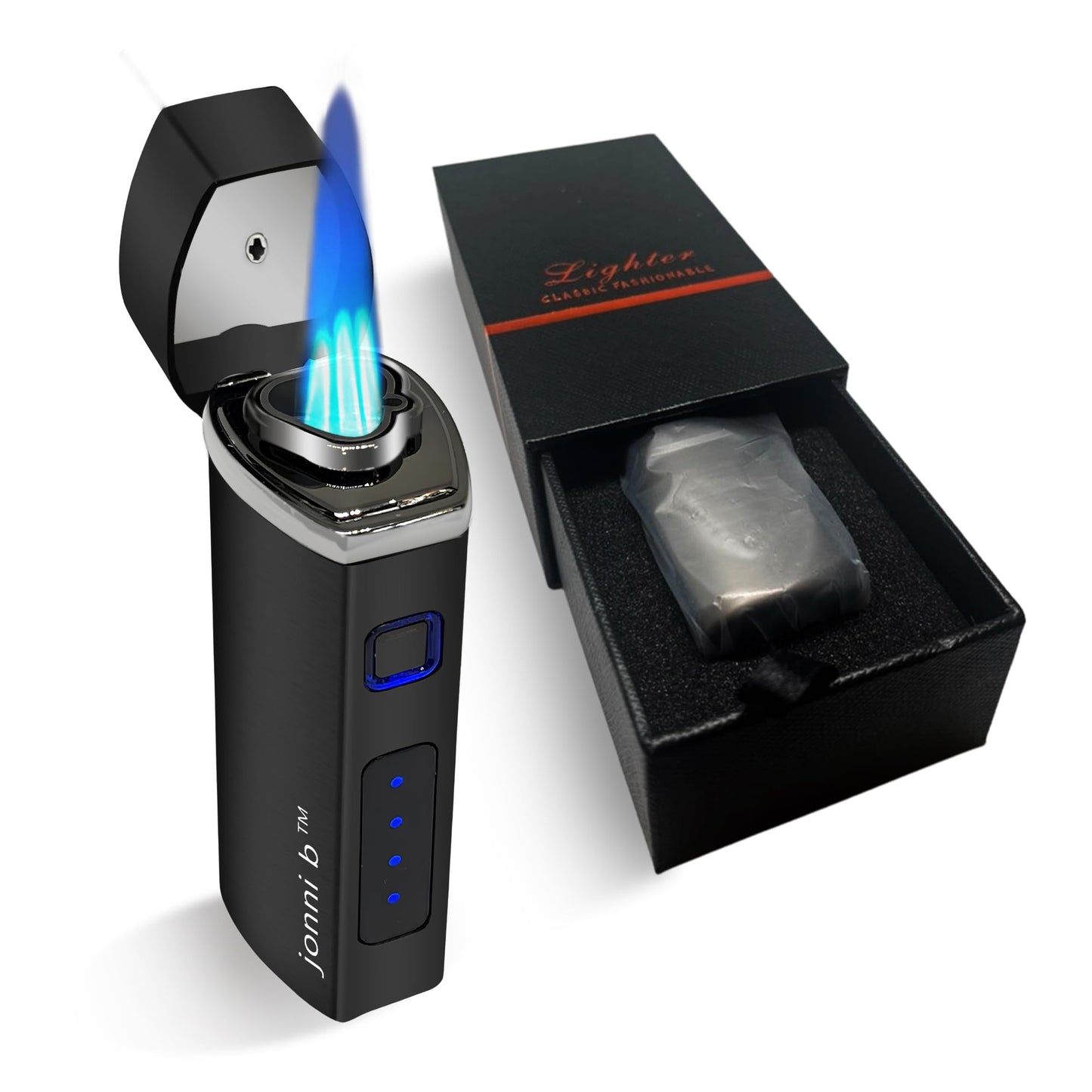 Jonni B One Touch Blue Satin 3-Flame Butane Torch Lighter - Electric Firing, Backlit Butane Window, Punch, Refillable, Adjustable, U.S. Seller with Great Service