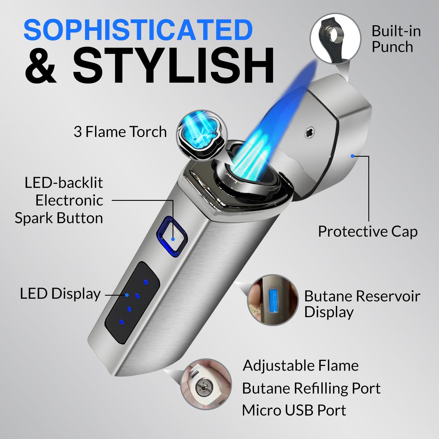 Jonni B One Touch Blue Satin 3-Flame Butane Torch Lighter - Electric Firing, Backlit Butane Window, Punch, Refillable, Adjustable, U.S. Seller with Great Service