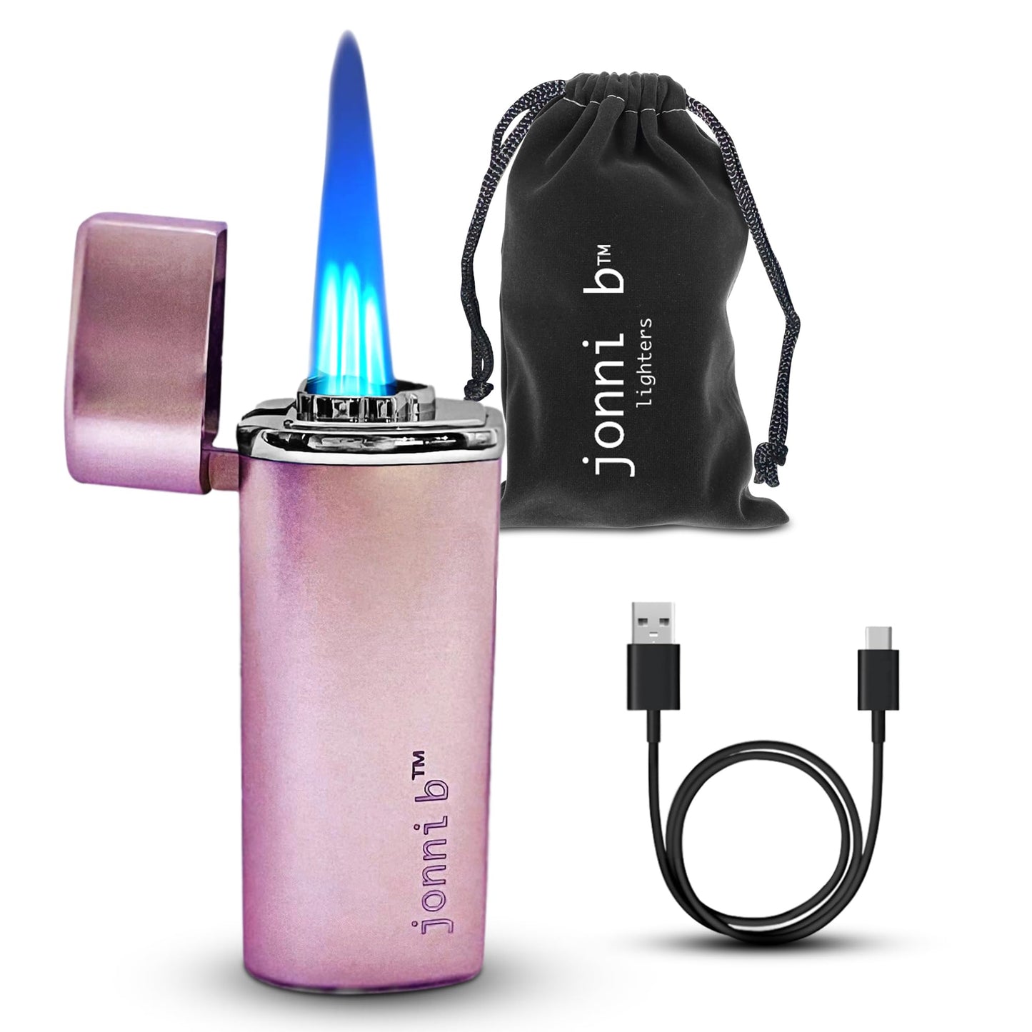 Jonni B One Touch Blue Satin 3-Flame Butane Torch Lighter - Electric Firing, Backlit Butane Window, Punch, Refillable, Adjustable, U.S. Seller with Great Service