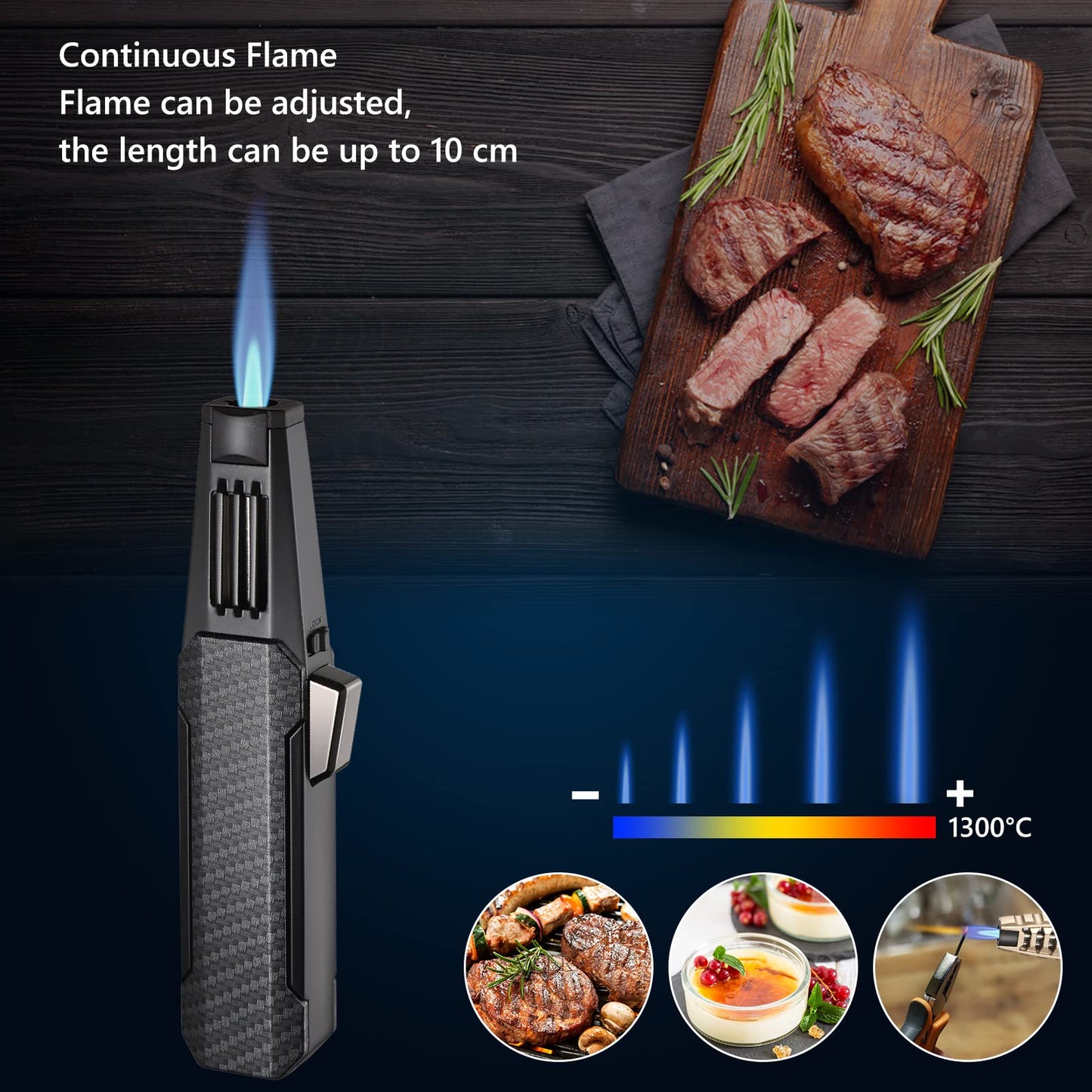 Butane Torch Lighter, Upgrated Refillable Kitchen Cooking Torch Windproof Adjustable Flame Solar Beam Torch Blow Torch with Safety Lock for Baking Creme Brulee