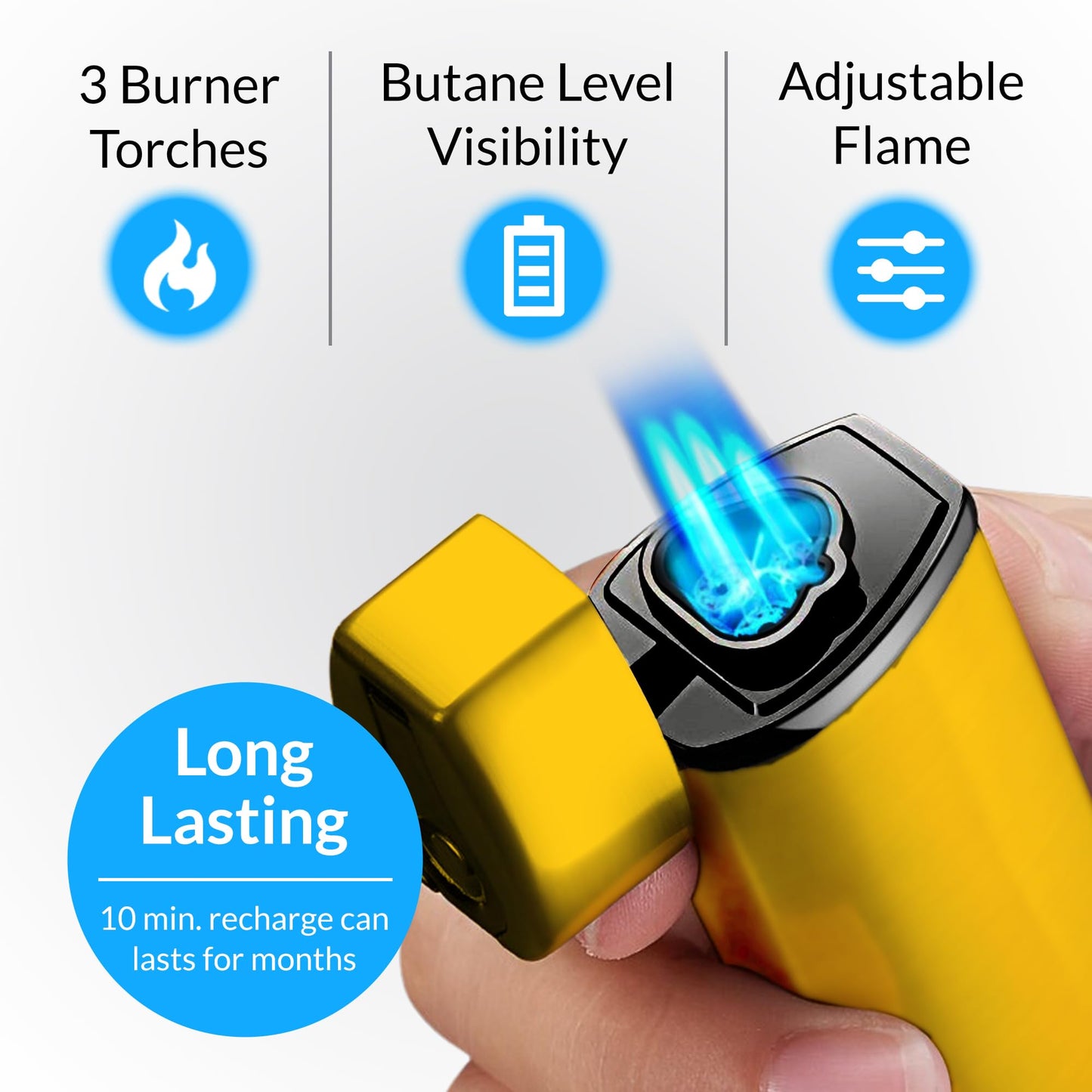 Jonni B One Touch Blue Satin 3-Flame Butane Torch Lighter - Electric Firing, Backlit Butane Window, Punch, Refillable, Adjustable, U.S. Seller with Great Service