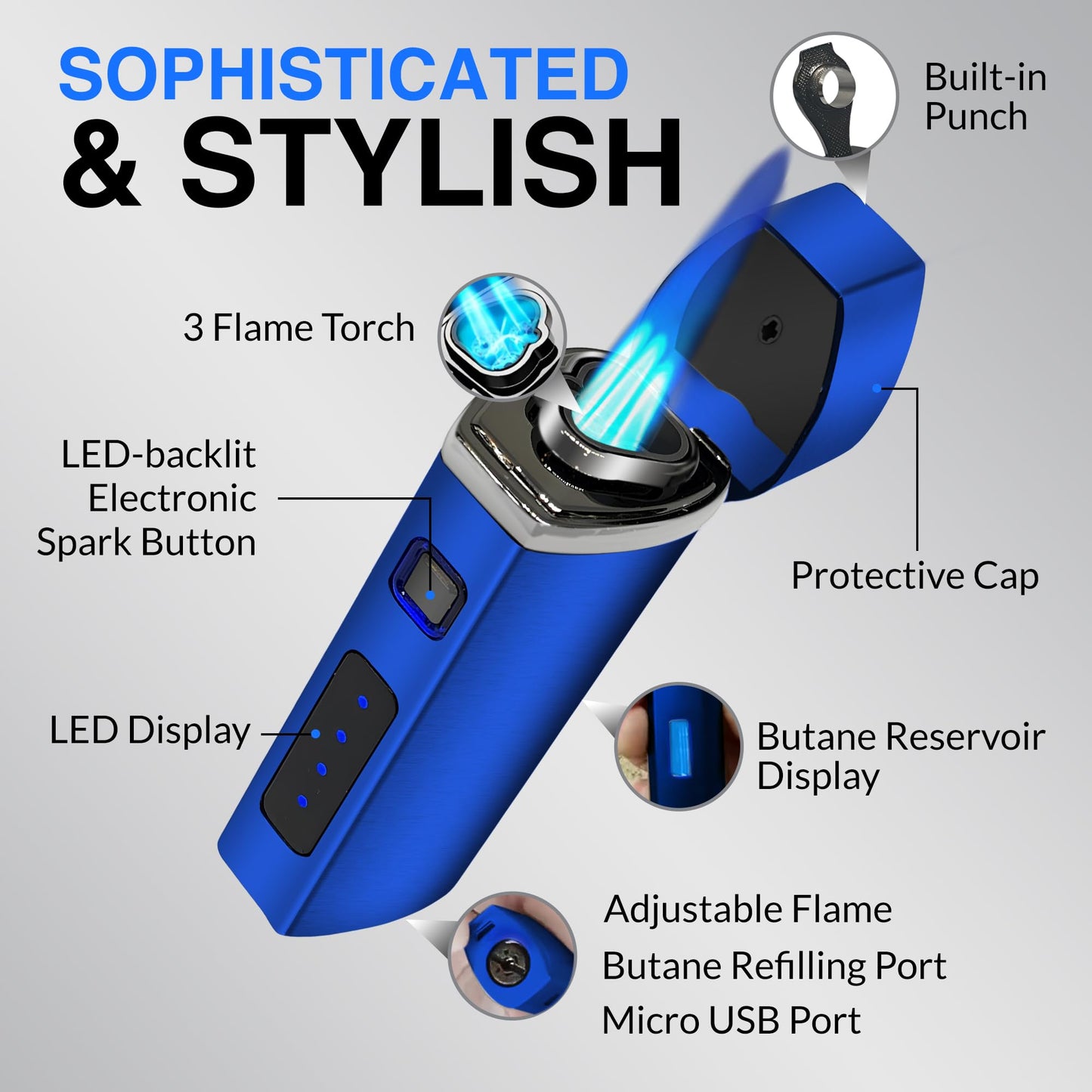 Jonni B One Touch Blue Satin 3-Flame Butane Torch Lighter - Electric Firing, Backlit Butane Window, Punch, Refillable, Adjustable, U.S. Seller with Great Service