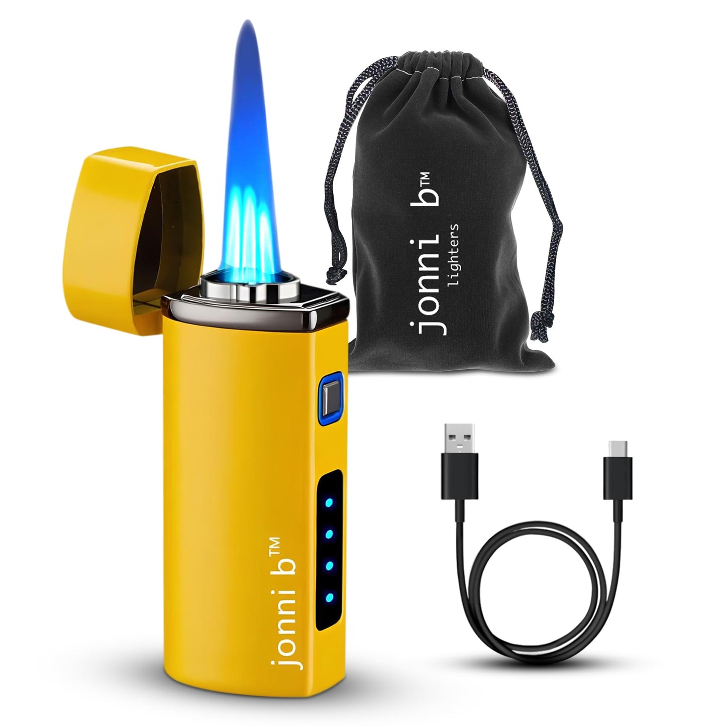 Jonni B One Touch Blue Satin 3-Flame Butane Torch Lighter - Electric Firing, Backlit Butane Window, Punch, Refillable, Adjustable, U.S. Seller with Great Service