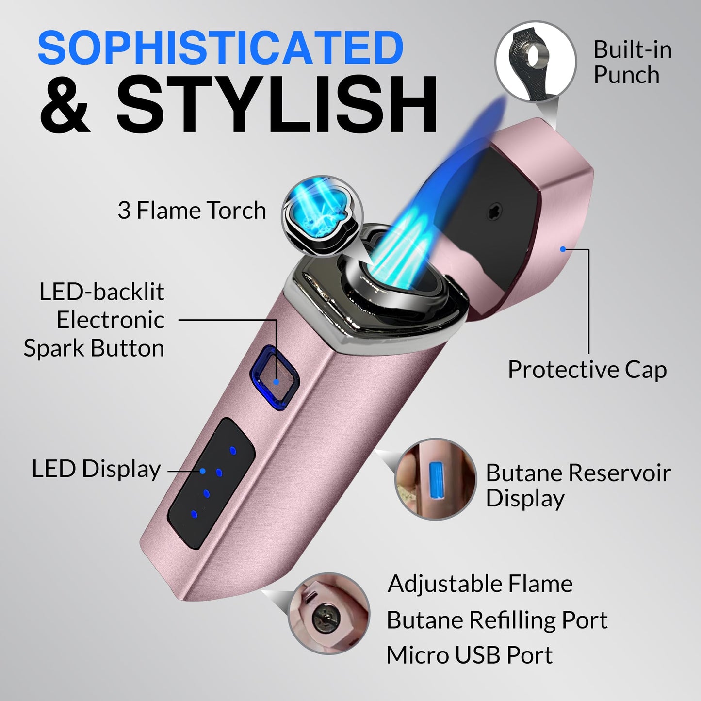 Jonni B One Touch Blue Satin 3-Flame Butane Torch Lighter - Electric Firing, Backlit Butane Window, Punch, Refillable, Adjustable, U.S. Seller with Great Service