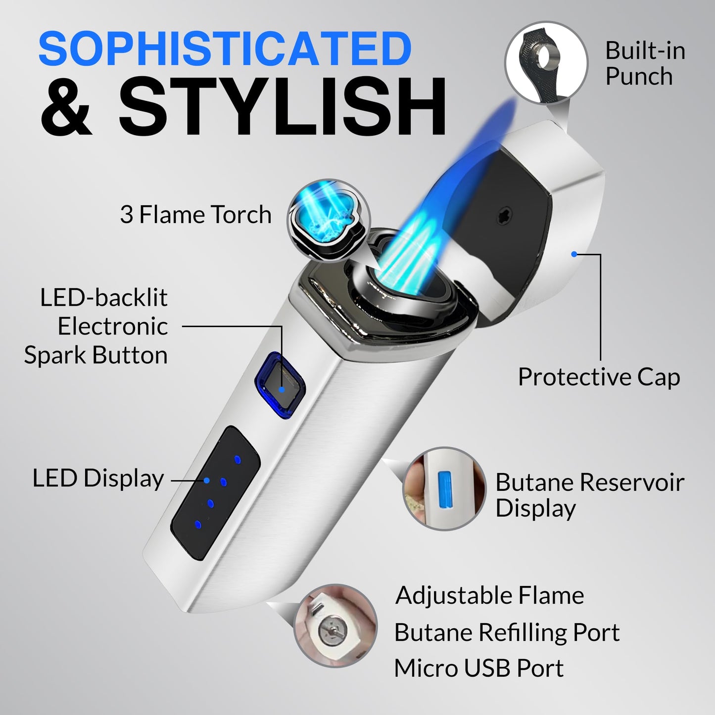 Jonni B One Touch Blue Satin 3-Flame Butane Torch Lighter - Electric Firing, Backlit Butane Window, Punch, Refillable, Adjustable, U.S. Seller with Great Service