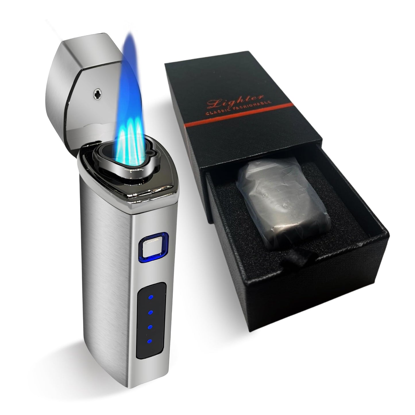 Jonni B One Touch Blue Satin 3-Flame Butane Torch Lighter - Electric Firing, Backlit Butane Window, Punch, Refillable, Adjustable, U.S. Seller with Great Service