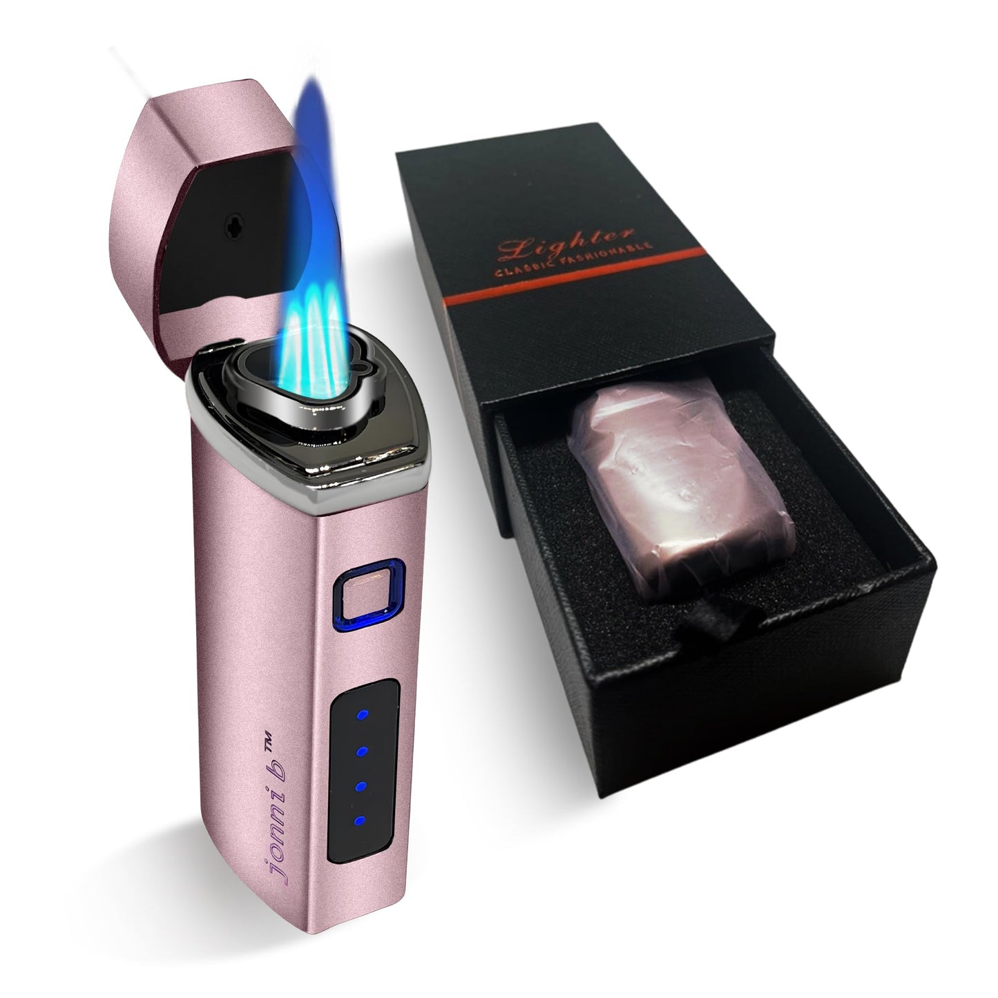 Jonni B One Touch Blue Satin 3-Flame Butane Torch Lighter - Electric Firing, Backlit Butane Window, Punch, Refillable, Adjustable, U.S. Seller with Great Service