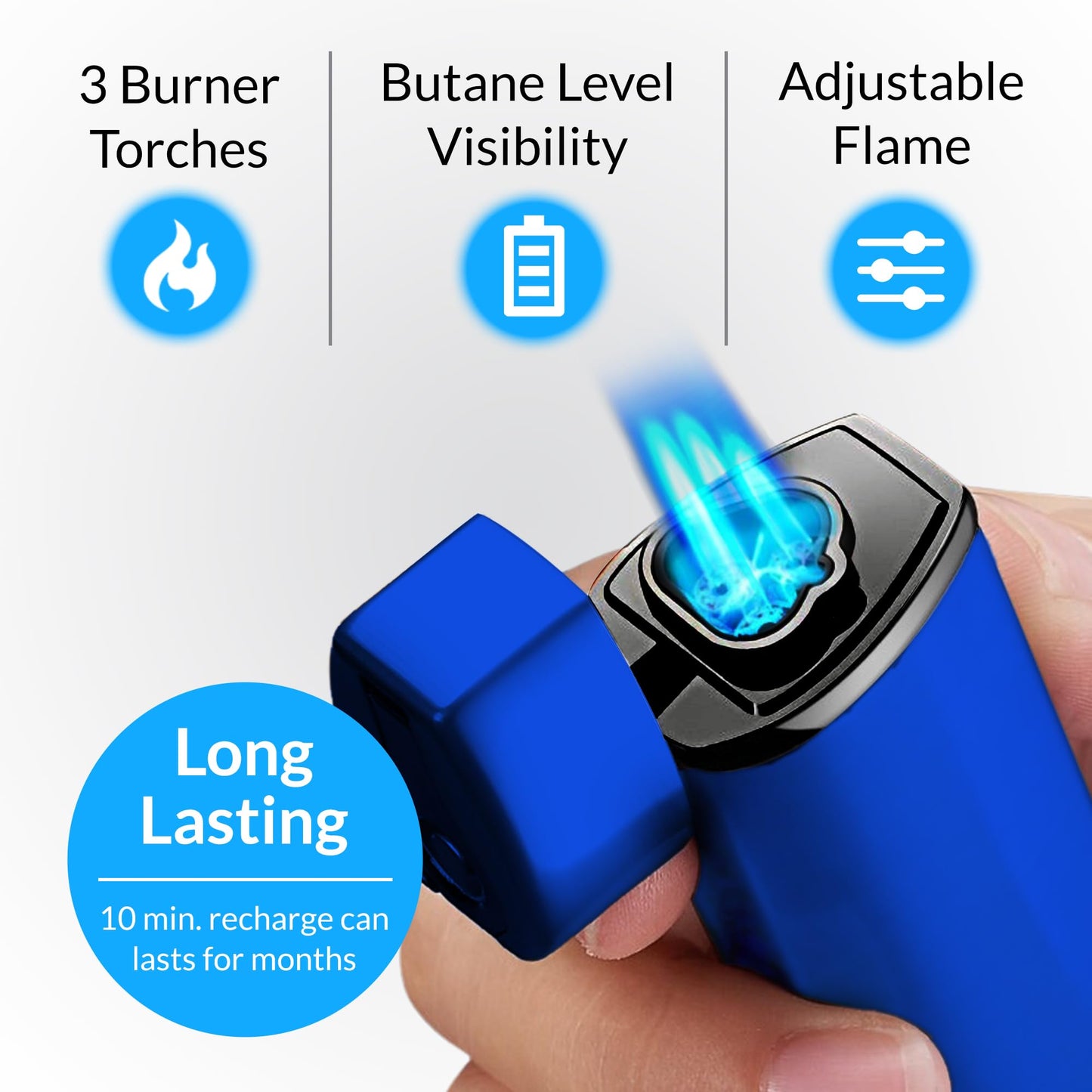 Jonni B One Touch Blue Satin 3-Flame Butane Torch Lighter - Electric Firing, Backlit Butane Window, Punch, Refillable, Adjustable, U.S. Seller with Great Service