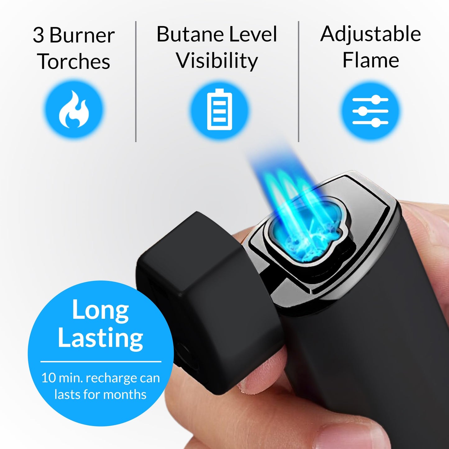 Jonni B One Touch Blue Satin 3-Flame Butane Torch Lighter - Electric Firing, Backlit Butane Window, Punch, Refillable, Adjustable, U.S. Seller with Great Service