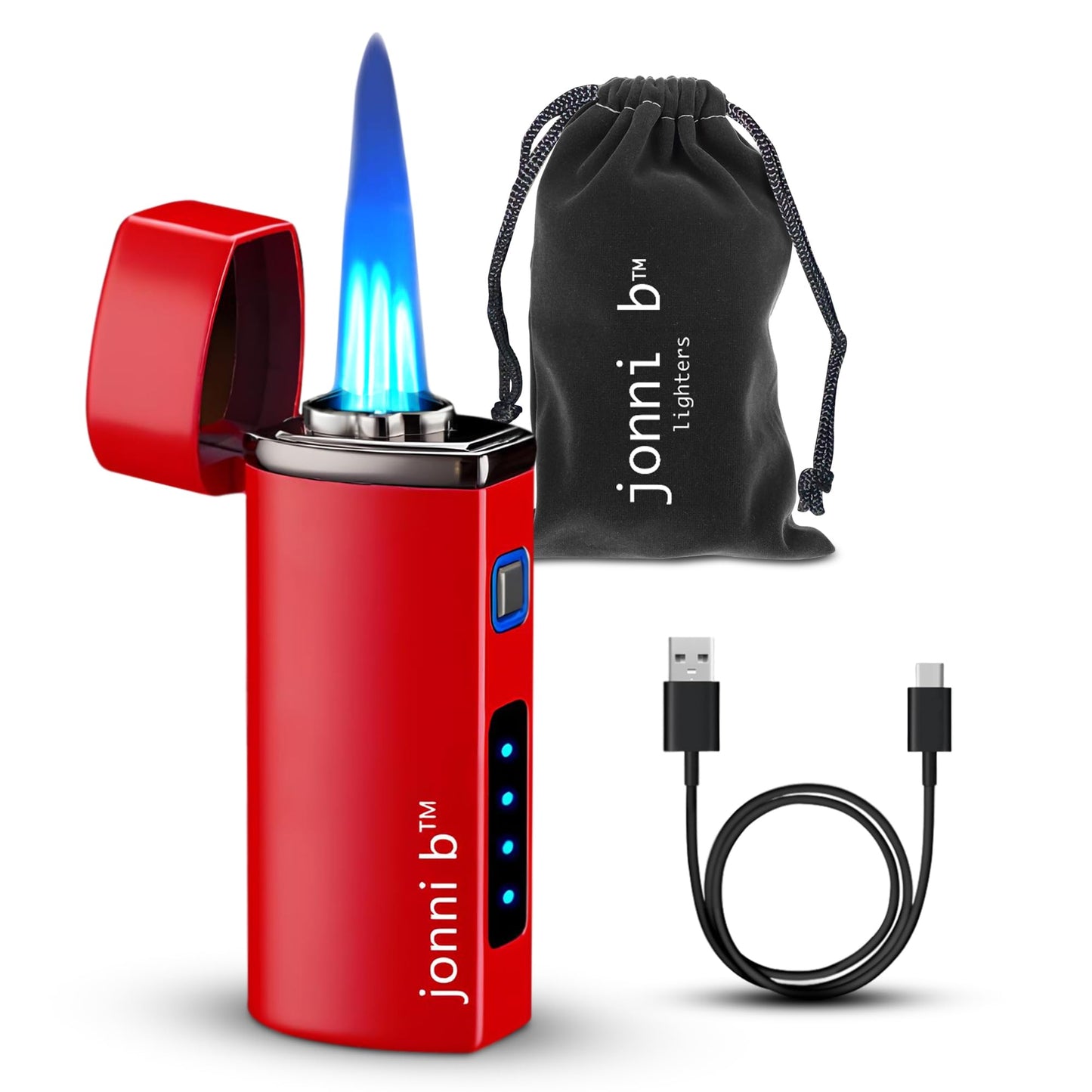 Jonni B One Touch Blue Satin 3-Flame Butane Torch Lighter - Electric Firing, Backlit Butane Window, Punch, Refillable, Adjustable, U.S. Seller with Great Service