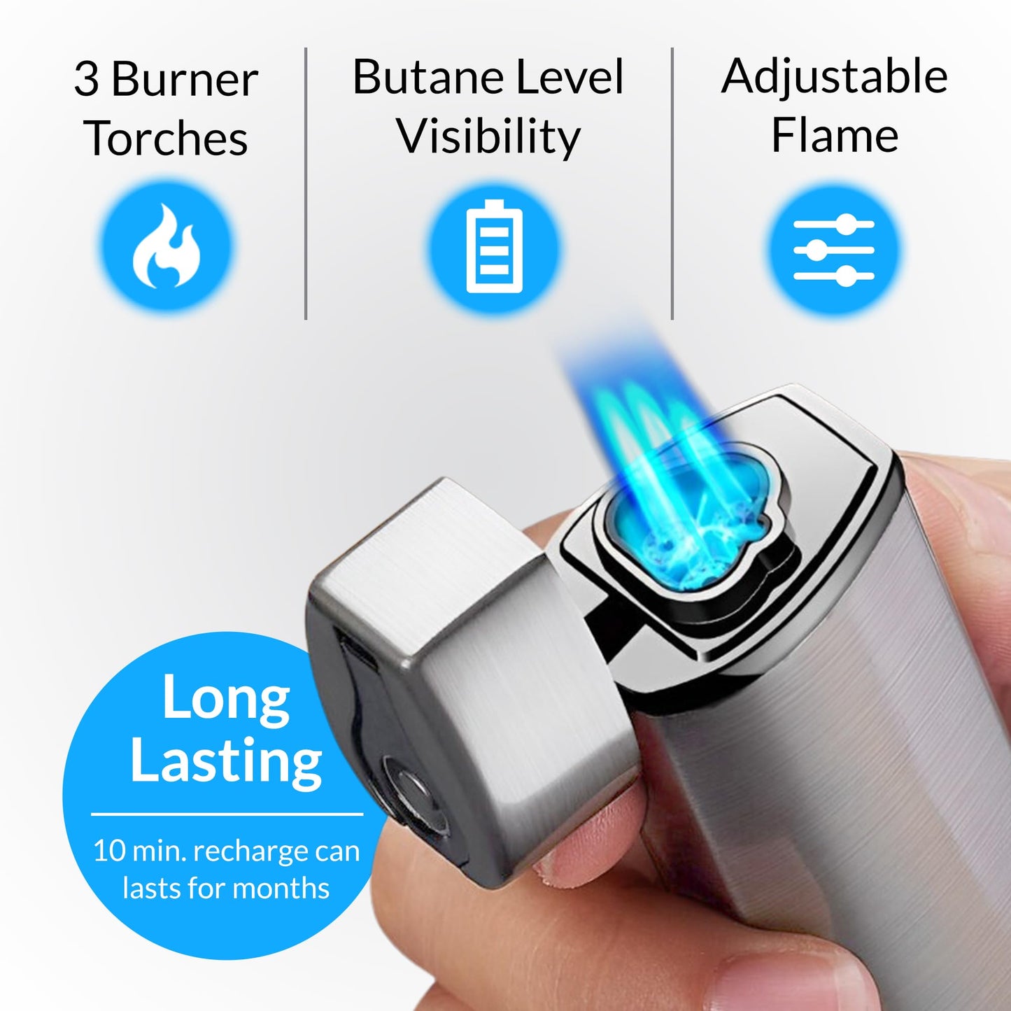 Jonni B One Touch Blue Satin 3-Flame Butane Torch Lighter - Electric Firing, Backlit Butane Window, Punch, Refillable, Adjustable, U.S. Seller with Great Service