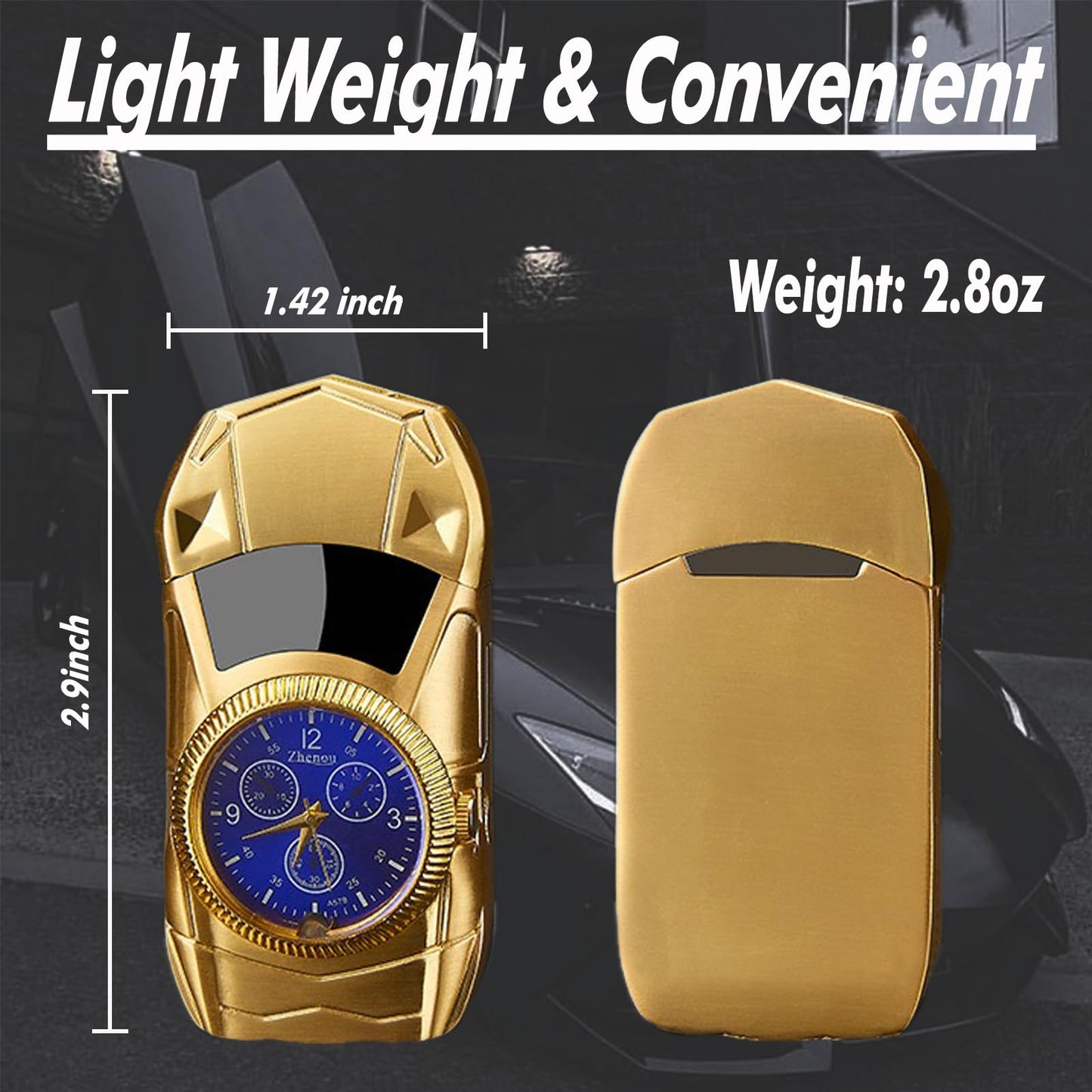 PURKCUYERT Torch Lighter, Car Shape Cool Lighters, Red Flame Refillable Butane Lighter with Clock Dial, Custom Lighter, Flesh Lighter Toy, Man Birthday Gifts (Gold)