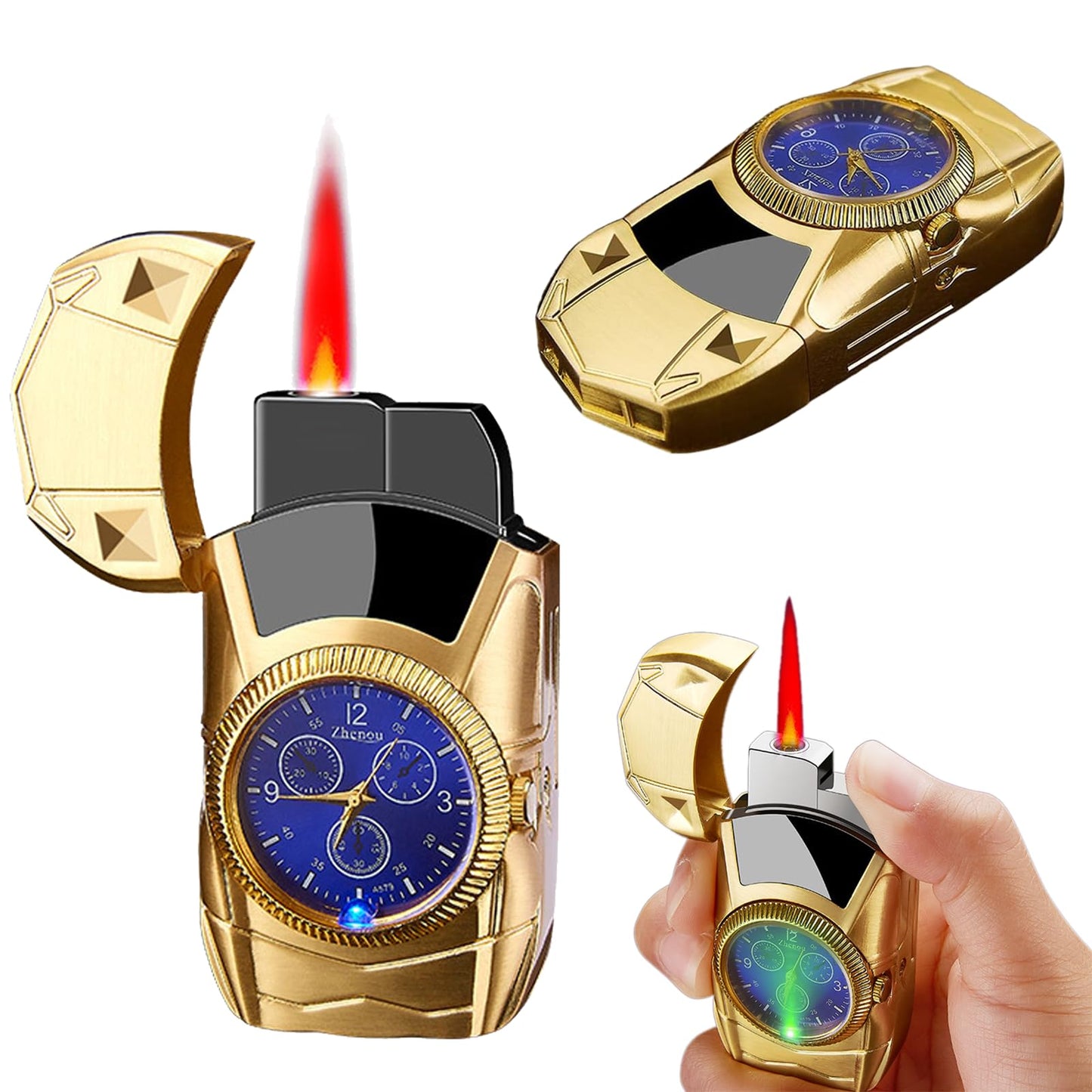 PURKCUYERT Torch Lighter, Car Shape Cool Lighters, Red Flame Refillable Butane Lighter with Clock Dial, Custom Lighter, Flesh Lighter Toy, Man Birthday Gifts (Gold)