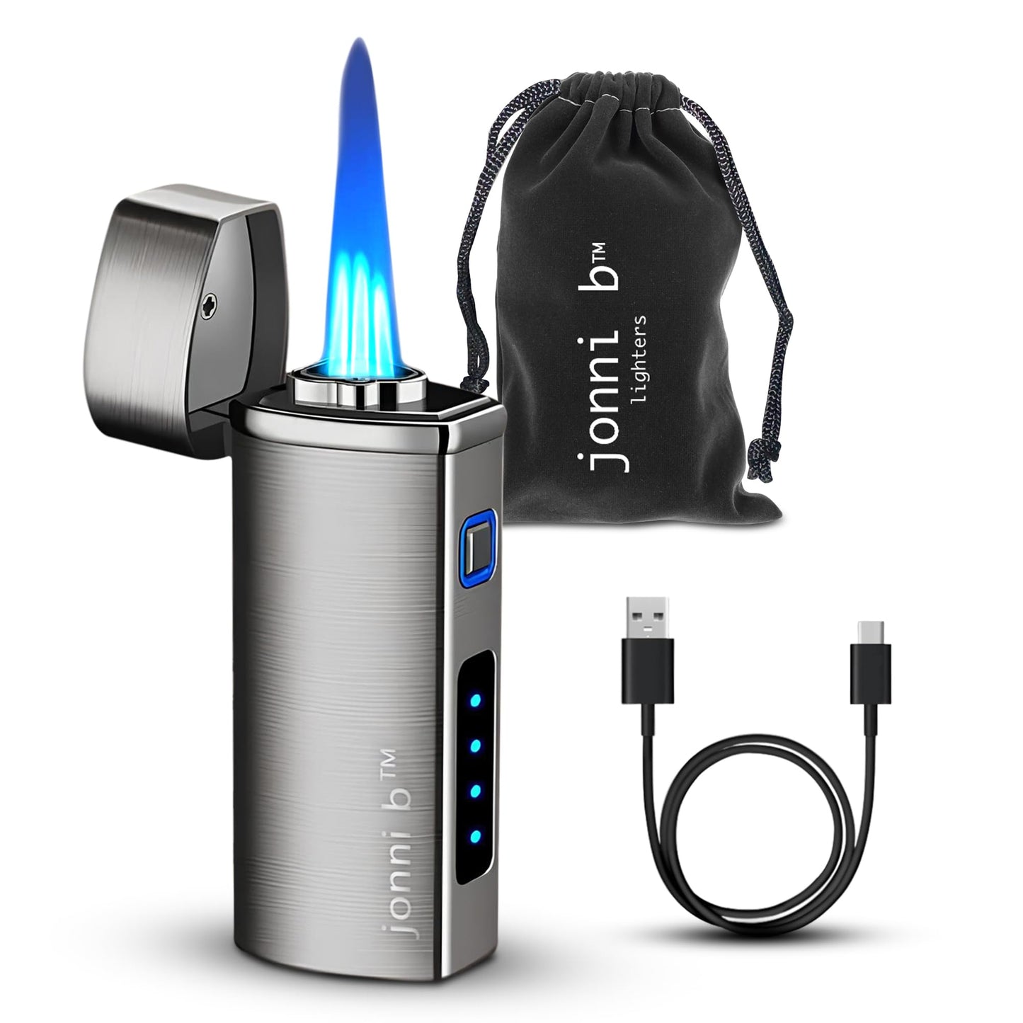 Jonni B One Touch Blue Satin 3-Flame Butane Torch Lighter - Electric Firing, Backlit Butane Window, Punch, Refillable, Adjustable, U.S. Seller with Great Service