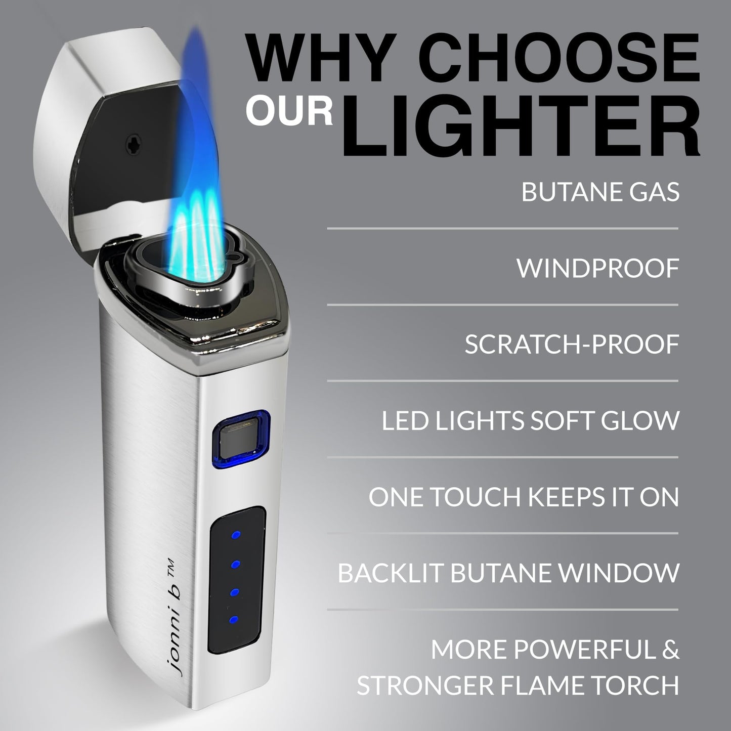 Jonni B One Touch Blue Satin 3-Flame Butane Torch Lighter - Electric Firing, Backlit Butane Window, Punch, Refillable, Adjustable, U.S. Seller with Great Service