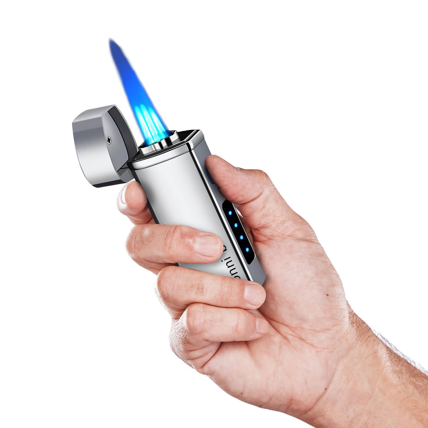 Jonni B One Touch Blue Satin 3-Flame Butane Torch Lighter - Electric Firing, Backlit Butane Window, Punch, Refillable, Adjustable, U.S. Seller with Great Service