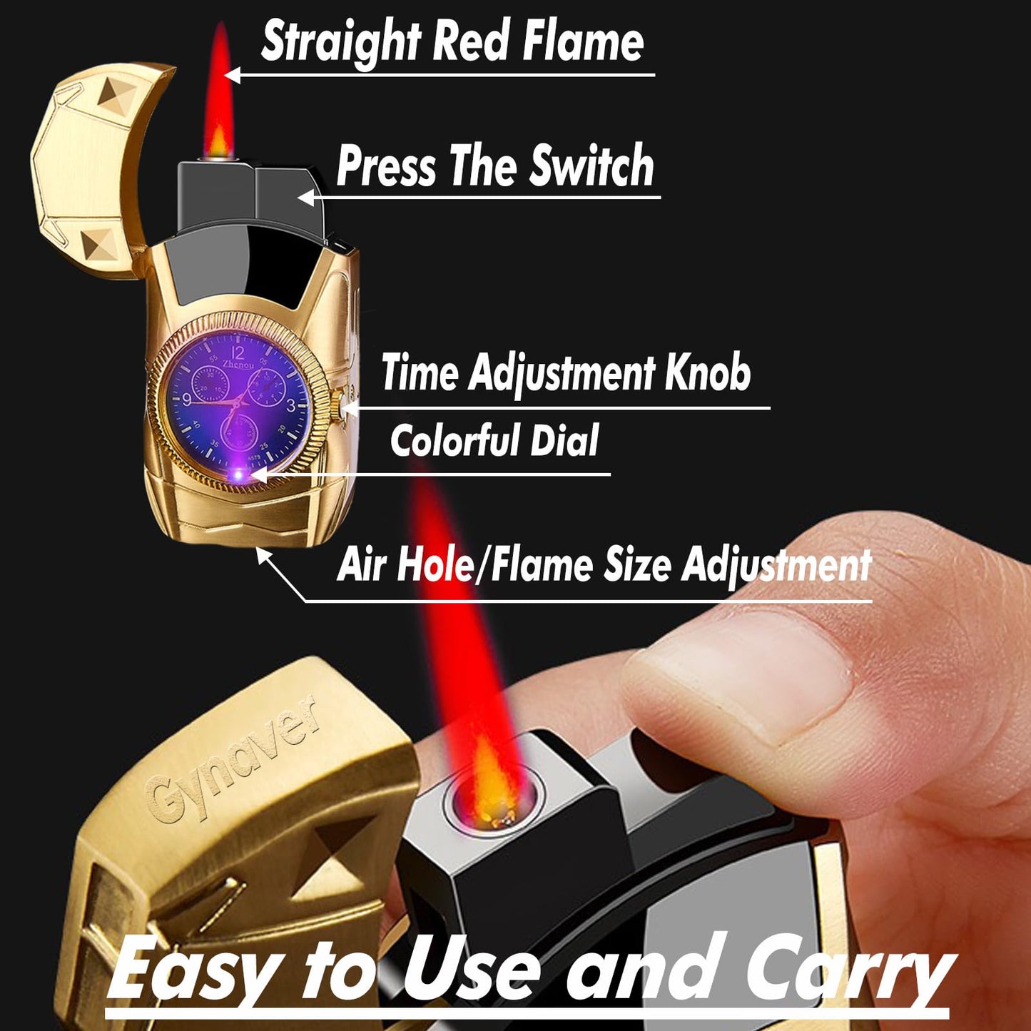 PURKCUYERT Torch Lighter, Car Shape Cool Lighters, Red Flame Refillable Butane Lighter with Clock Dial, Custom Lighter, Flesh Lighter Toy, Man Birthday Gifts (Gold)