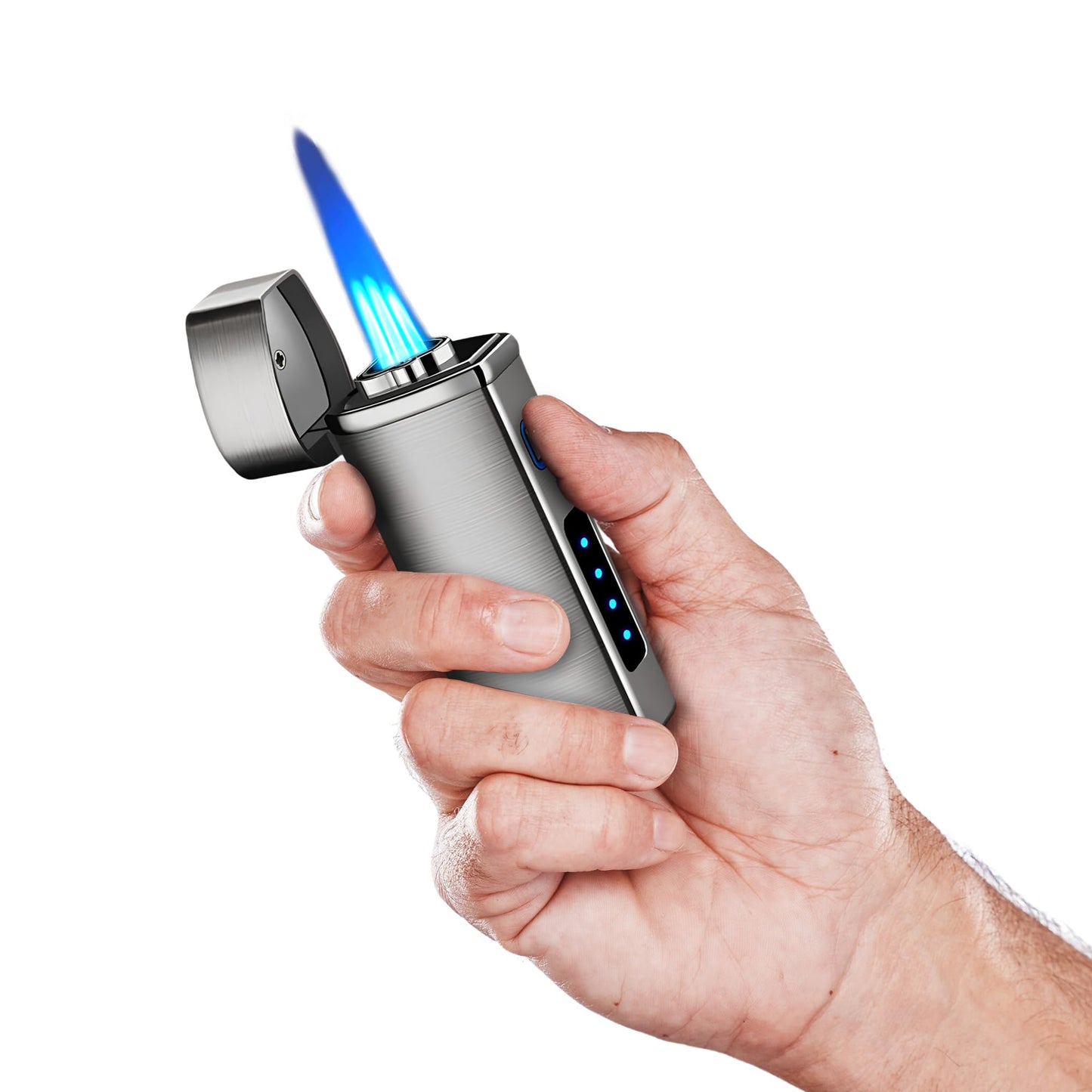 Jonni B One Touch Blue Satin 3-Flame Butane Torch Lighter - Electric Firing, Backlit Butane Window, Punch, Refillable, Adjustable, U.S. Seller with Great Service