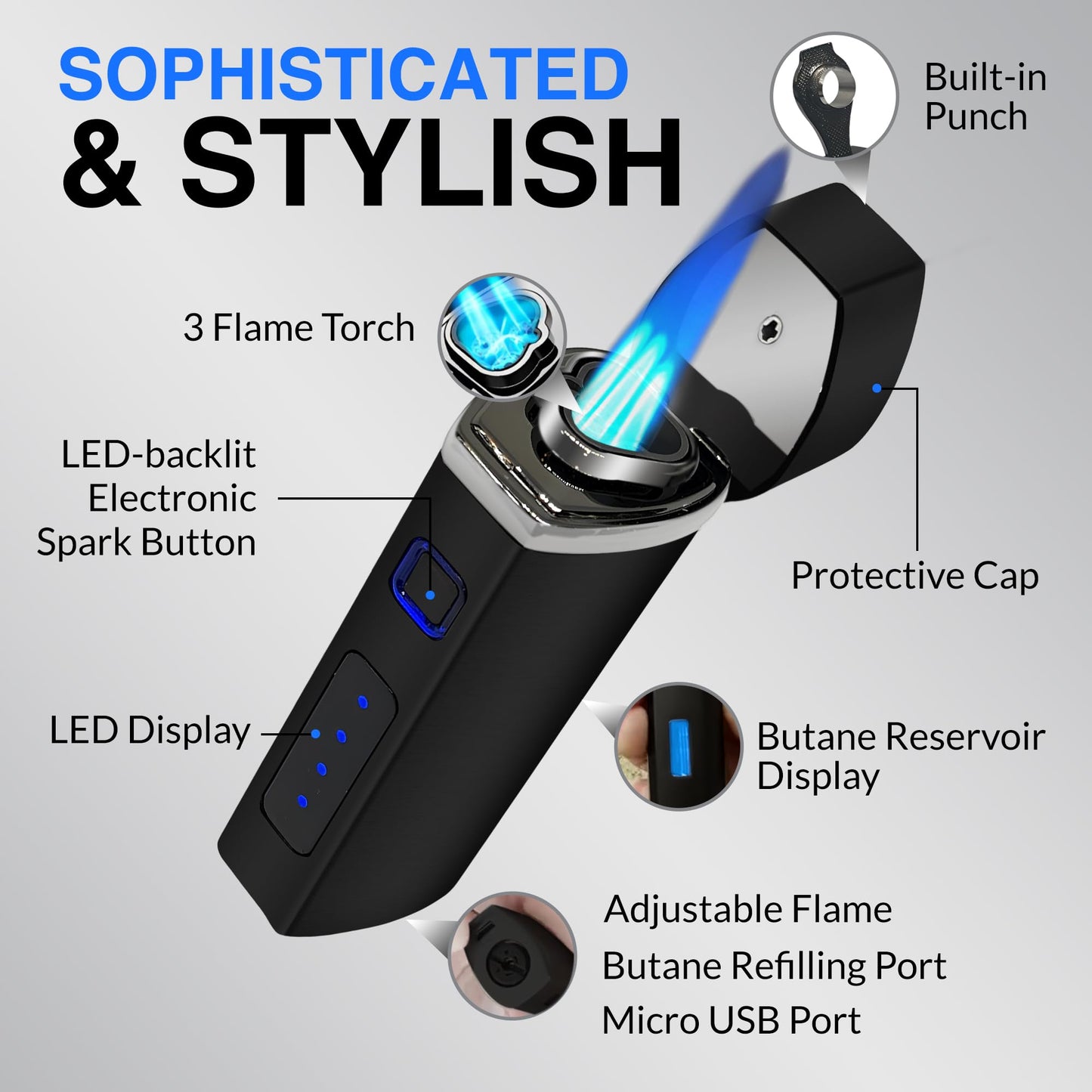 Jonni B One Touch Blue Satin 3-Flame Butane Torch Lighter - Electric Firing, Backlit Butane Window, Punch, Refillable, Adjustable, U.S. Seller with Great Service