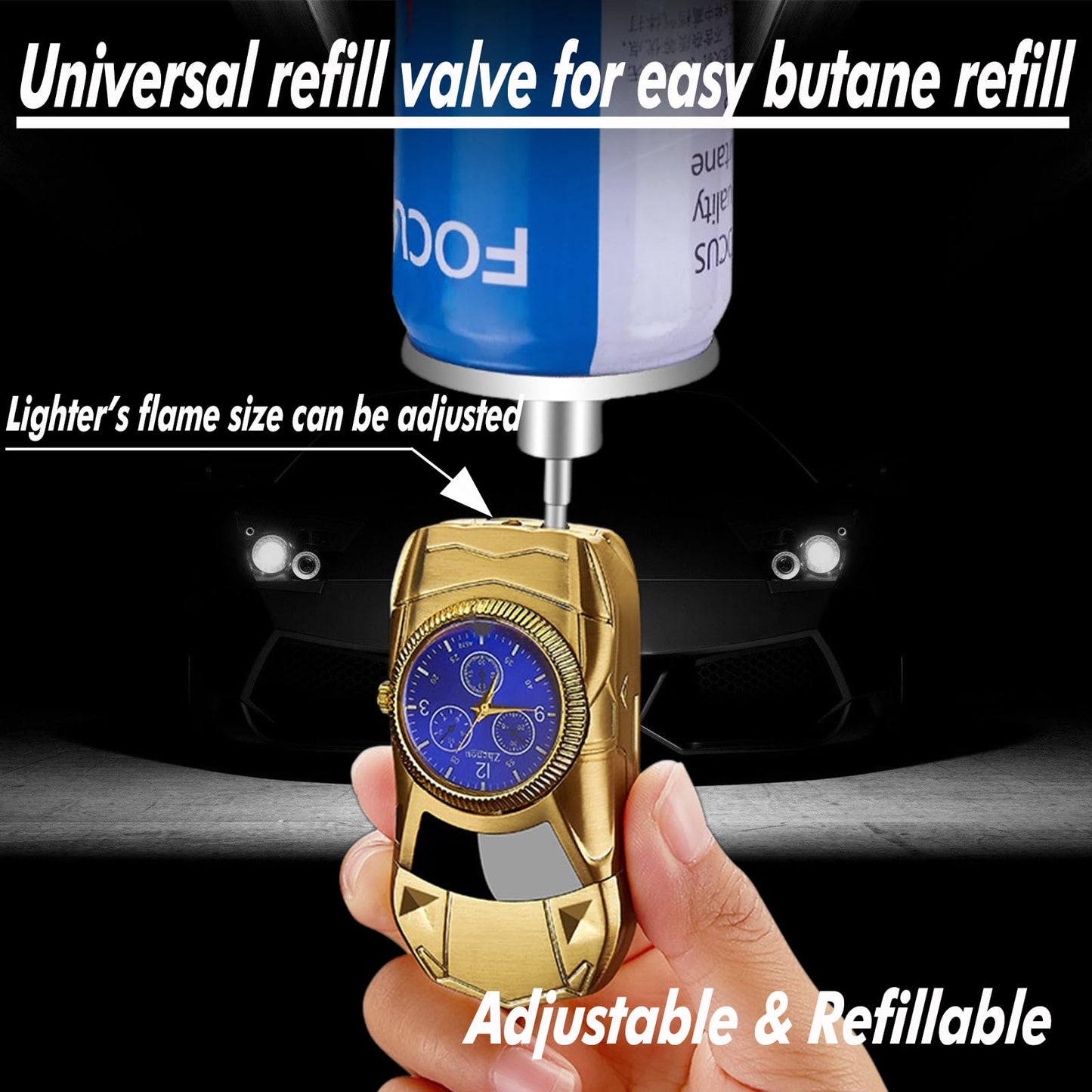 PURKCUYERT Torch Lighter, Car Shape Cool Lighters, Red Flame Refillable Butane Lighter with Clock Dial, Custom Lighter, Flesh Lighter Toy, Man Birthday Gifts (Gold)