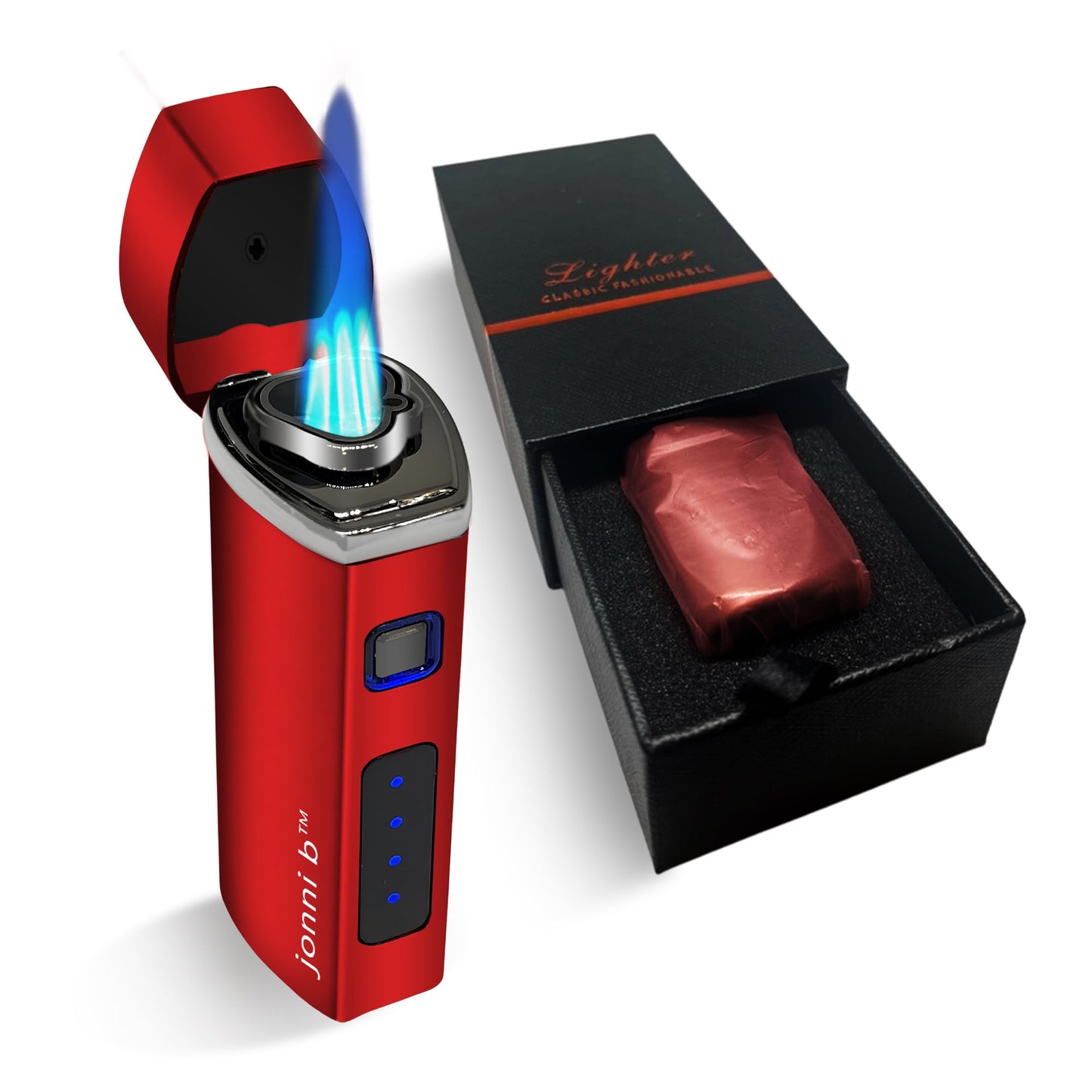 Jonni B One Touch Blue Satin 3-Flame Butane Torch Lighter - Electric Firing, Backlit Butane Window, Punch, Refillable, Adjustable, U.S. Seller with Great Service