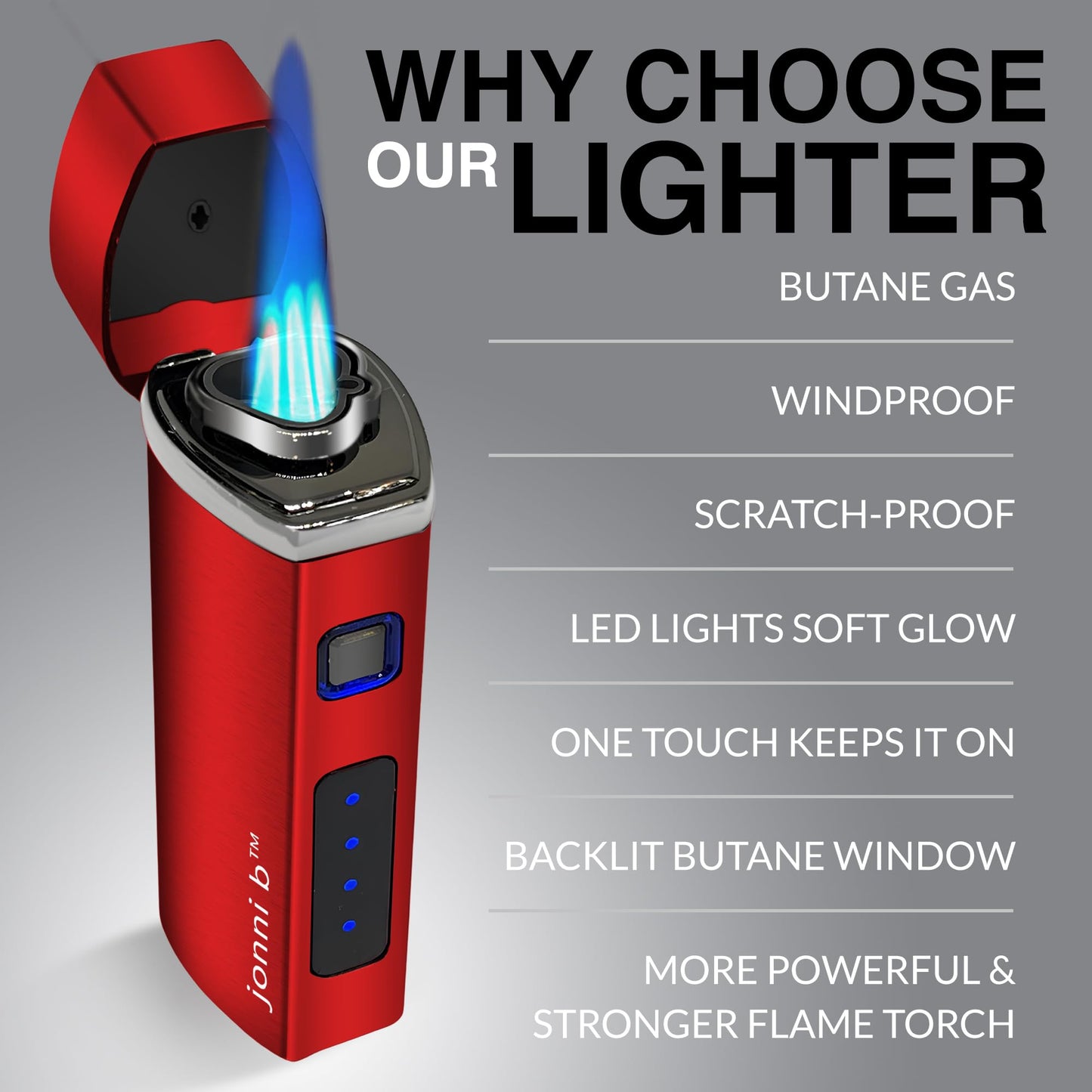 Jonni B One Touch Blue Satin 3-Flame Butane Torch Lighter - Electric Firing, Backlit Butane Window, Punch, Refillable, Adjustable, U.S. Seller with Great Service