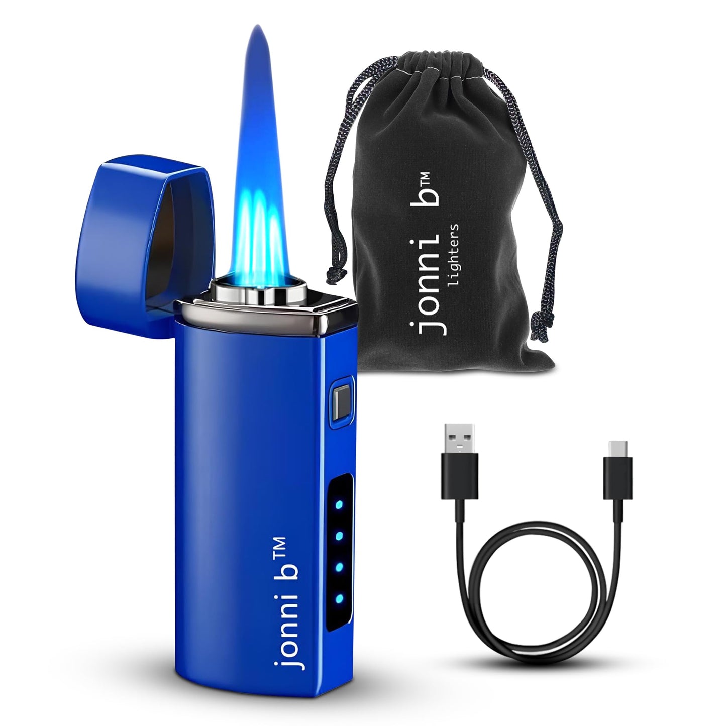 Jonni B One Touch Blue Satin 3-Flame Butane Torch Lighter - Electric Firing, Backlit Butane Window, Punch, Refillable, Adjustable, U.S. Seller with Great Service