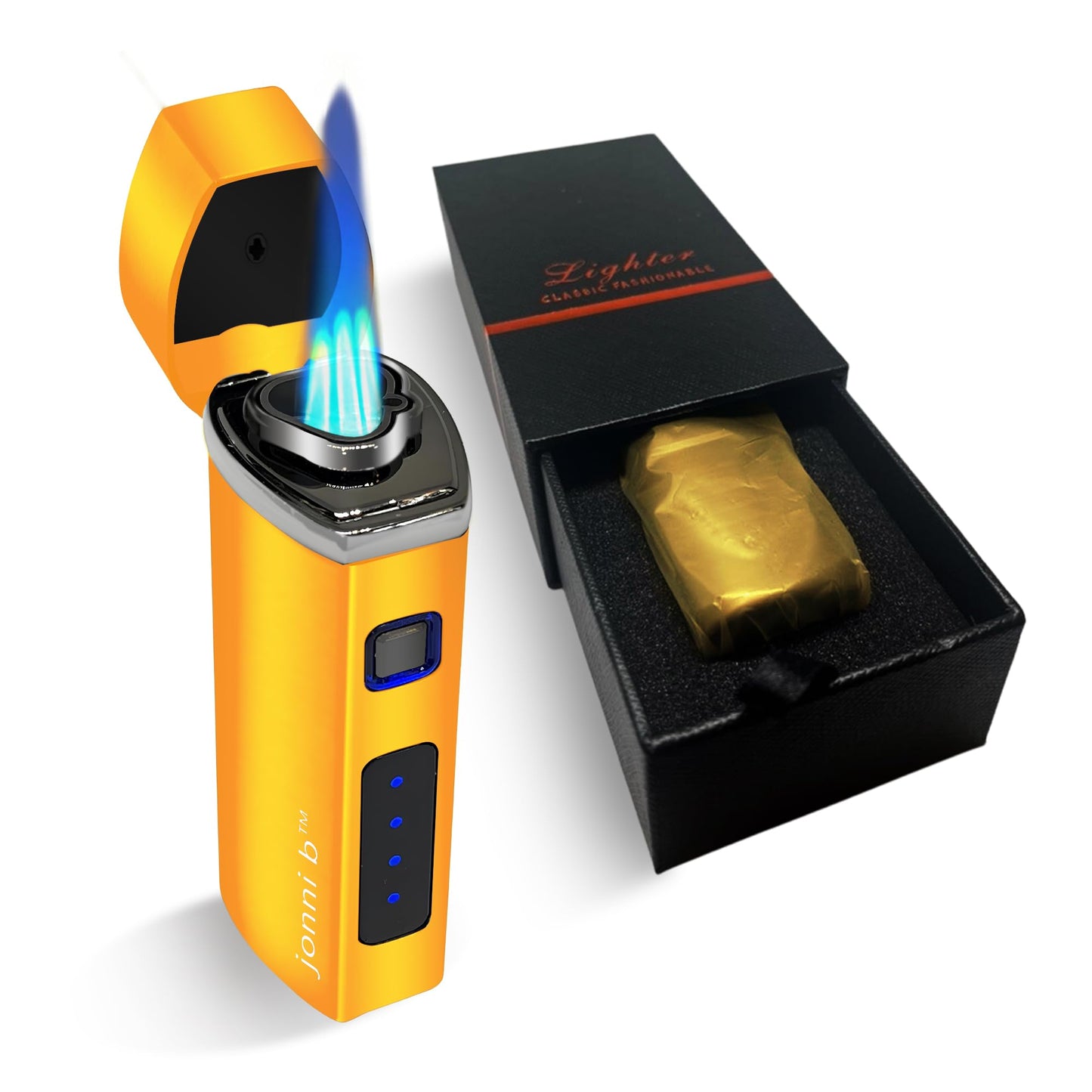 Jonni B One Touch Blue Satin 3-Flame Butane Torch Lighter - Electric Firing, Backlit Butane Window, Punch, Refillable, Adjustable, U.S. Seller with Great Service