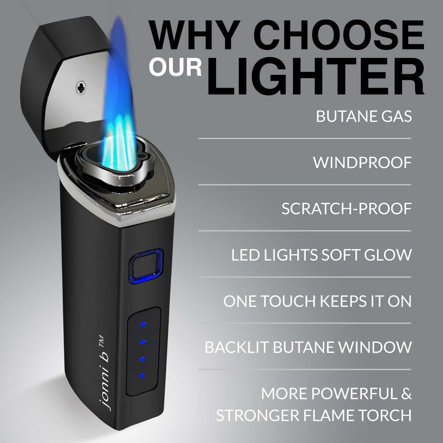 Jonni B One Touch Blue Satin 3-Flame Butane Torch Lighter - Electric Firing, Backlit Butane Window, Punch, Refillable, Adjustable, U.S. Seller with Great Service