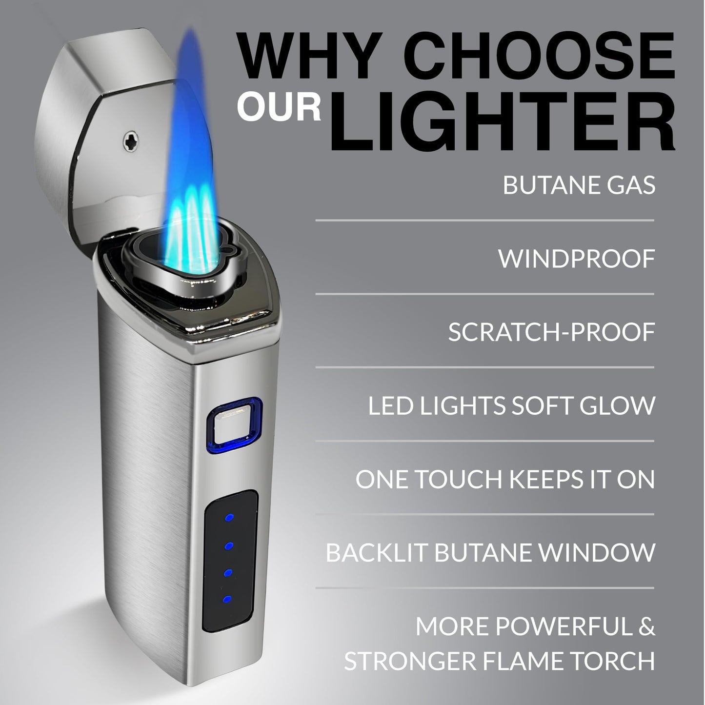 Jonni B One Touch Blue Satin 3-Flame Butane Torch Lighter - Electric Firing, Backlit Butane Window, Punch, Refillable, Adjustable, U.S. Seller with Great Service