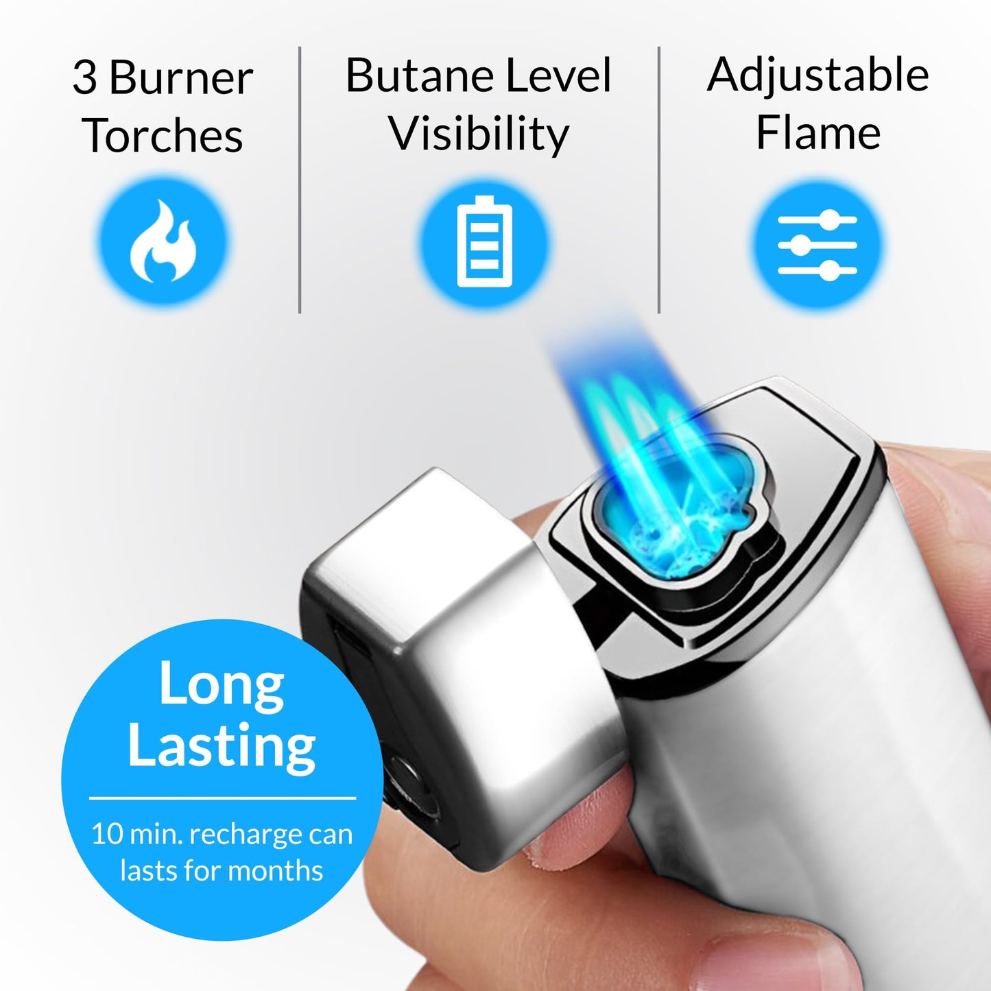 Jonni B One Touch Blue Satin 3-Flame Butane Torch Lighter - Electric Firing, Backlit Butane Window, Punch, Refillable, Adjustable, U.S. Seller with Great Service