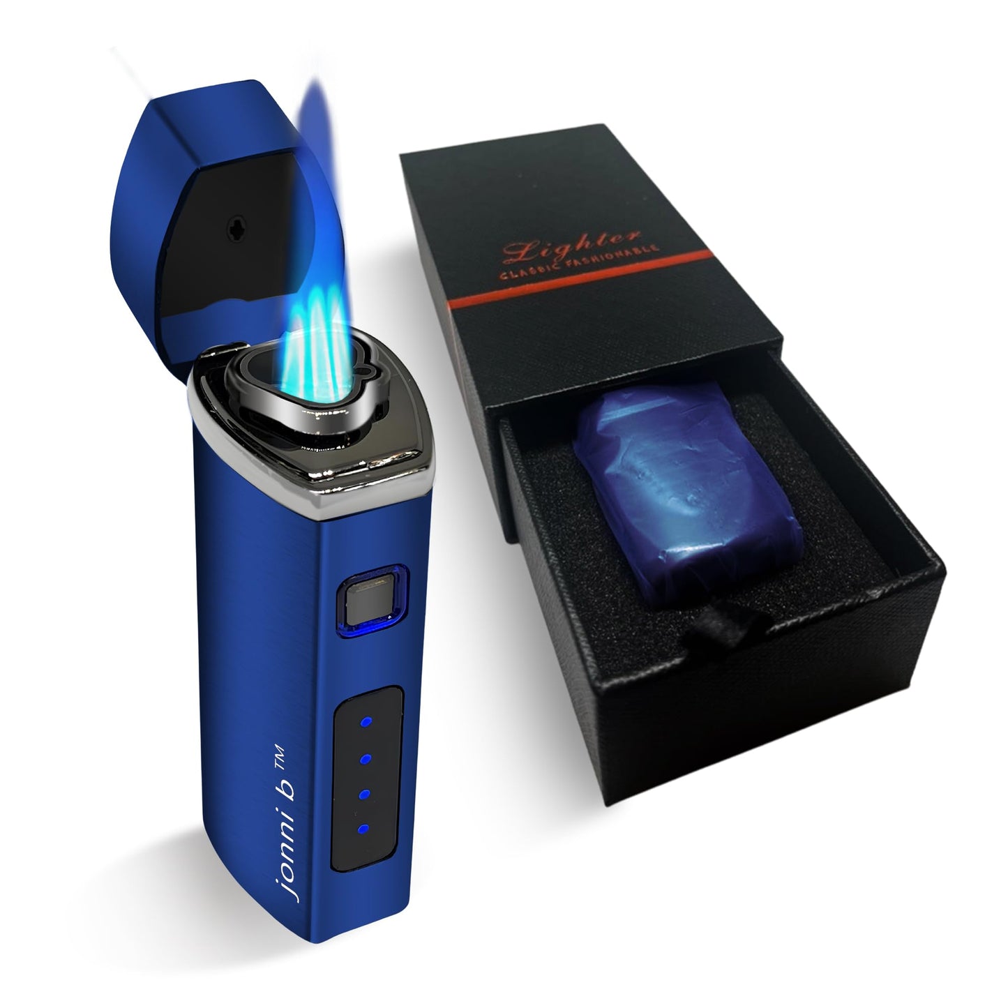 Jonni B One Touch Blue Satin 3-Flame Butane Torch Lighter - Electric Firing, Backlit Butane Window, Punch, Refillable, Adjustable, U.S. Seller with Great Service