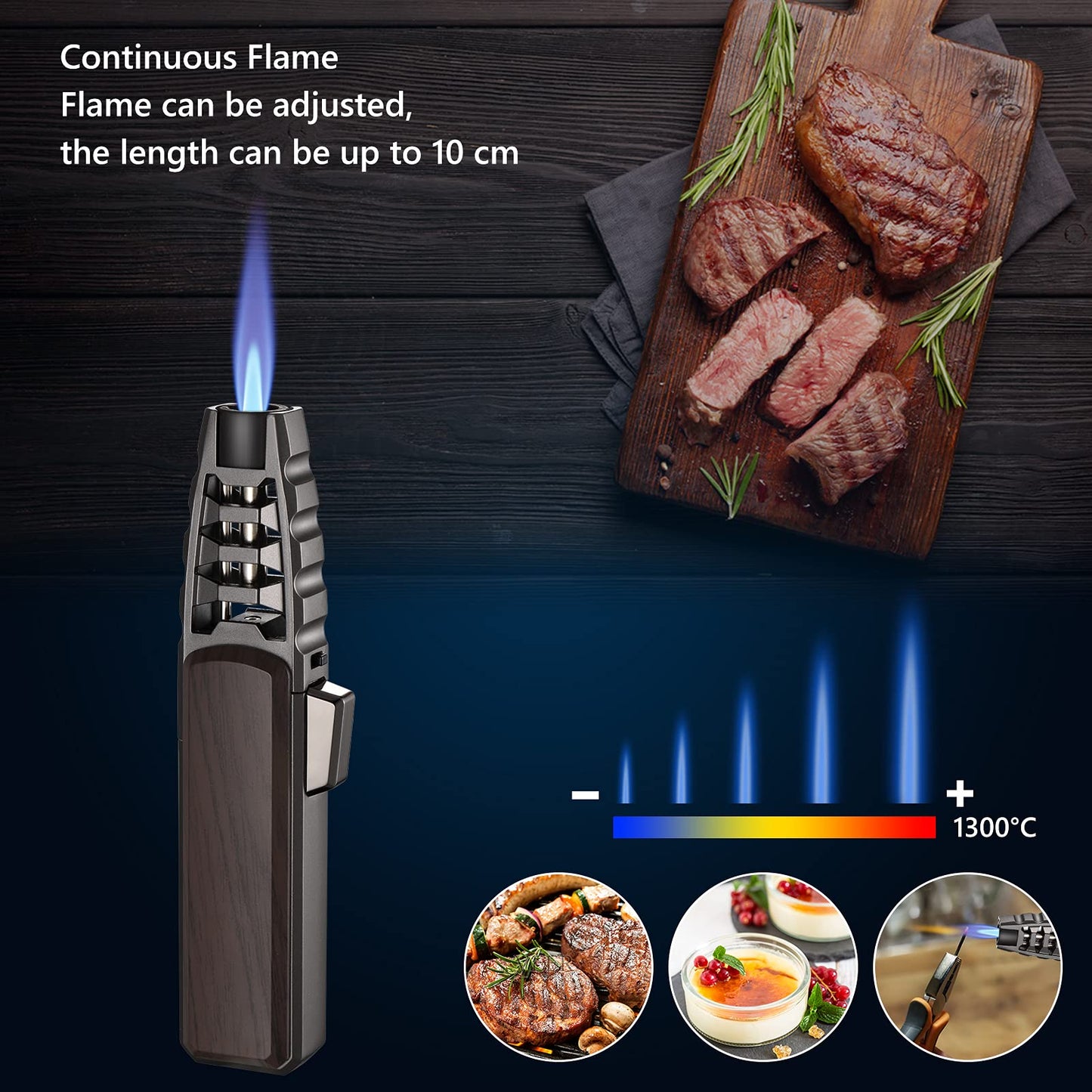 Butane Torch Lighter, Upgrated Refillable Kitchen Cooking Torch Windproof Adjustable Flame Solar Beam Torch Blow Torch with Safety Lock for Baking Creme Brulee