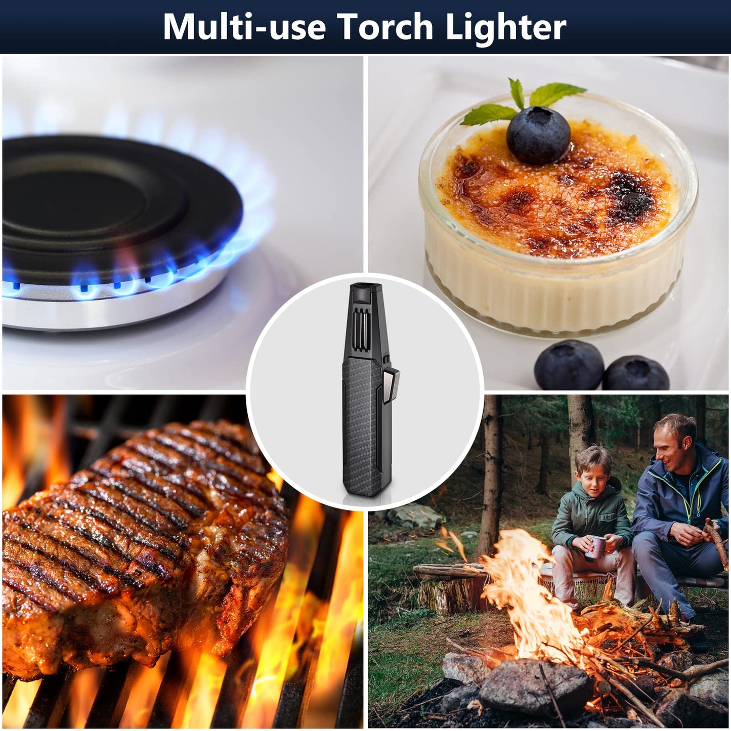 Butane Torch Lighter, Upgrated Refillable Kitchen Cooking Torch Windproof Adjustable Flame Solar Beam Torch Blow Torch with Safety Lock for Baking Creme Brulee