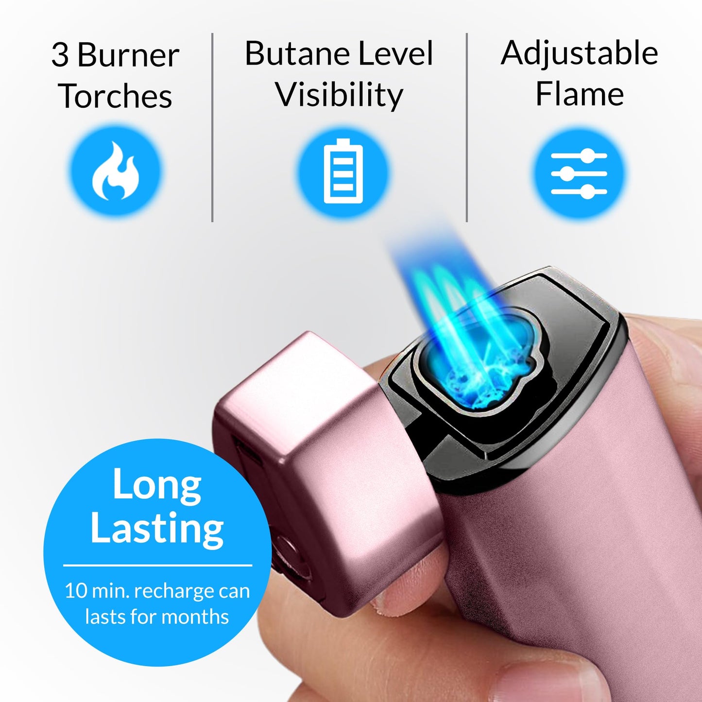 Jonni B One Touch Blue Satin 3-Flame Butane Torch Lighter - Electric Firing, Backlit Butane Window, Punch, Refillable, Adjustable, U.S. Seller with Great Service