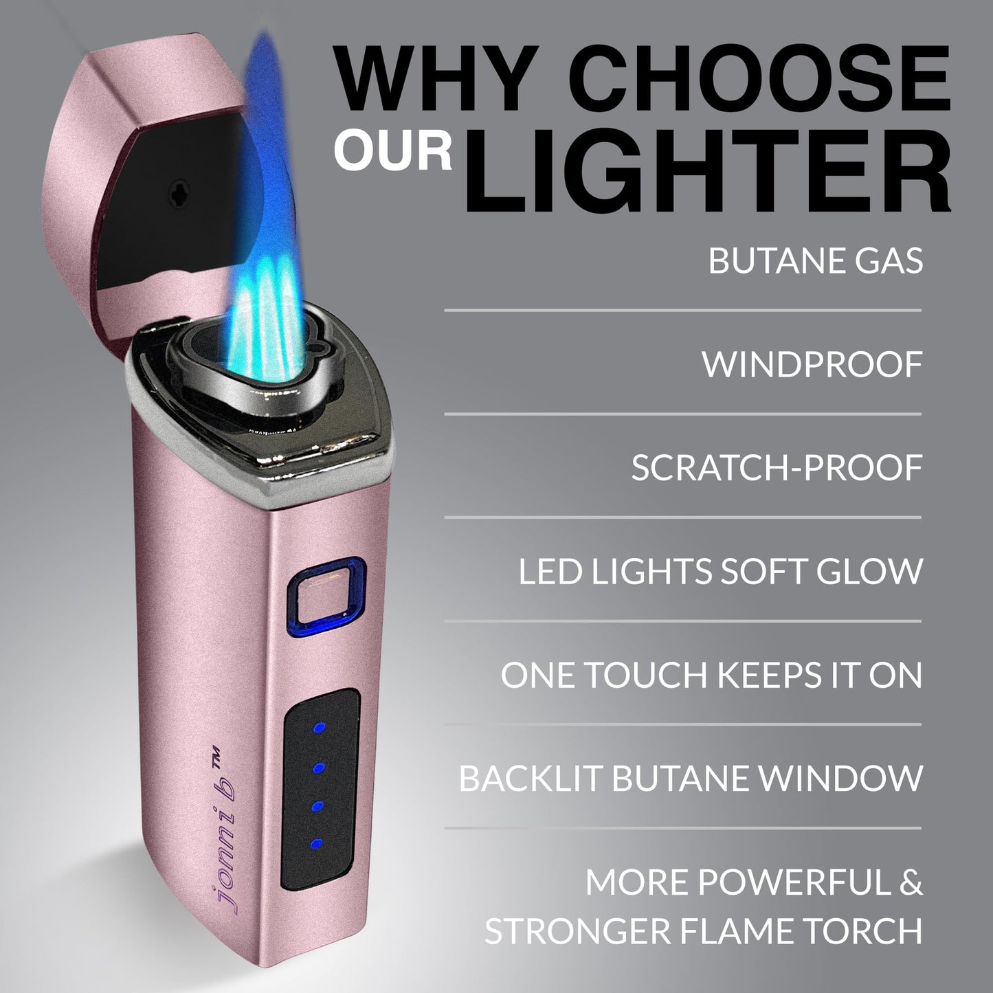 Jonni B One Touch Blue Satin 3-Flame Butane Torch Lighter - Electric Firing, Backlit Butane Window, Punch, Refillable, Adjustable, U.S. Seller with Great Service